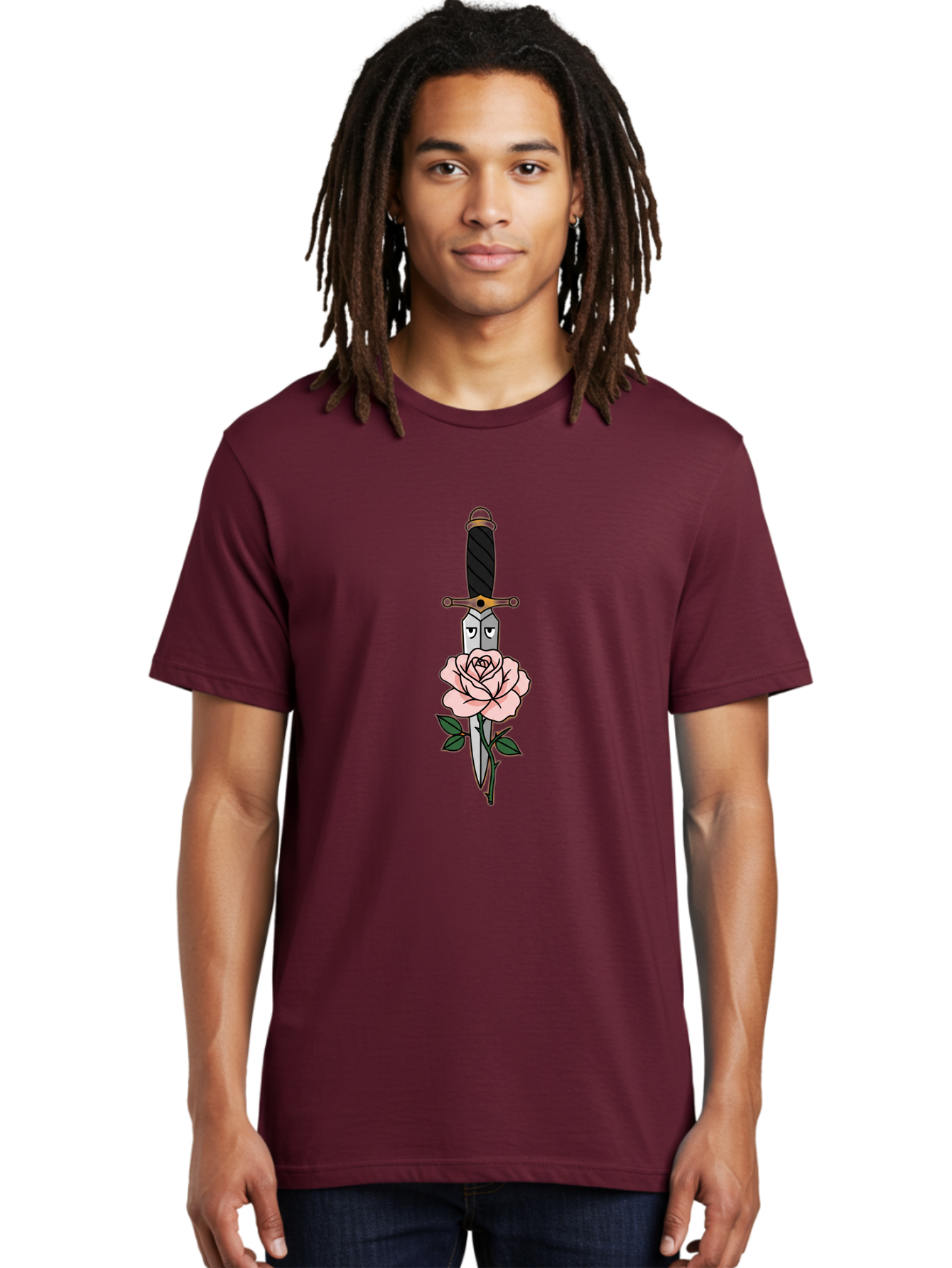 Dagger-And-Rose Men'S Graphic Tee, 100% Cotton, Comfortable Casual Summer Wear, Machine Washable, Dagger Piercing A Rose, Tattoo Art, Floral Design, Sharp Blade, Pink Rose, Gothic Style, Symbolic Imagery, Traditional Tattoo, Bae171