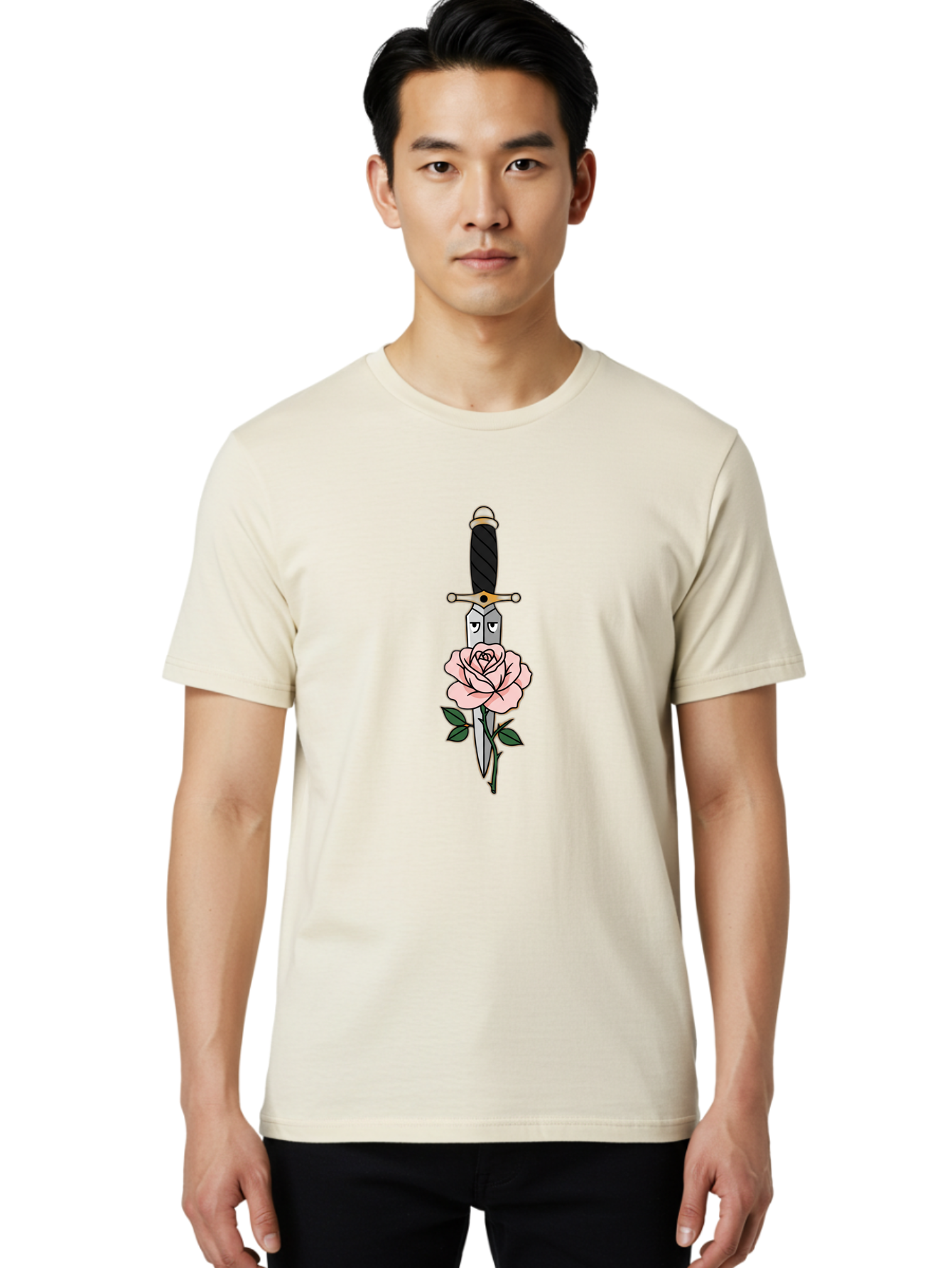 Dagger-And-Rose Men'S Graphic Tee, 100% Cotton, Comfortable Casual Summer Wear, Machine Washable, Dagger Piercing A Rose, Tattoo Art, Floral Design, Sharp Blade, Pink Rose, Gothic Style, Symbolic Imagery, Traditional Tattoo, Bae171