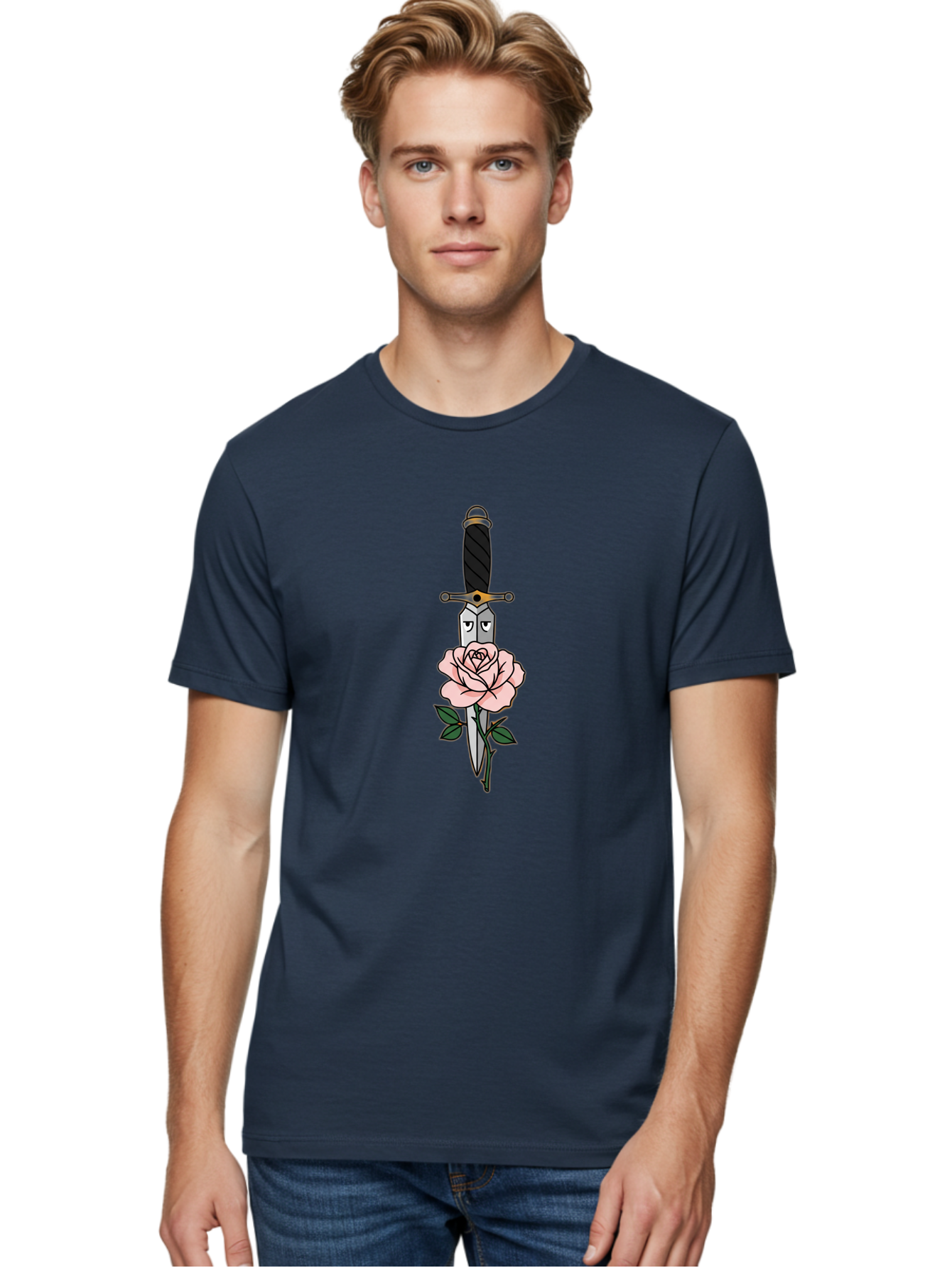 Dagger-And-Rose Men'S Graphic Tee, 100% Cotton, Comfortable Casual Summer Wear, Machine Washable, Dagger Piercing A Rose, Tattoo Art, Floral Design, Sharp Blade, Pink Rose, Gothic Style, Symbolic Imagery, Traditional Tattoo, Bae171