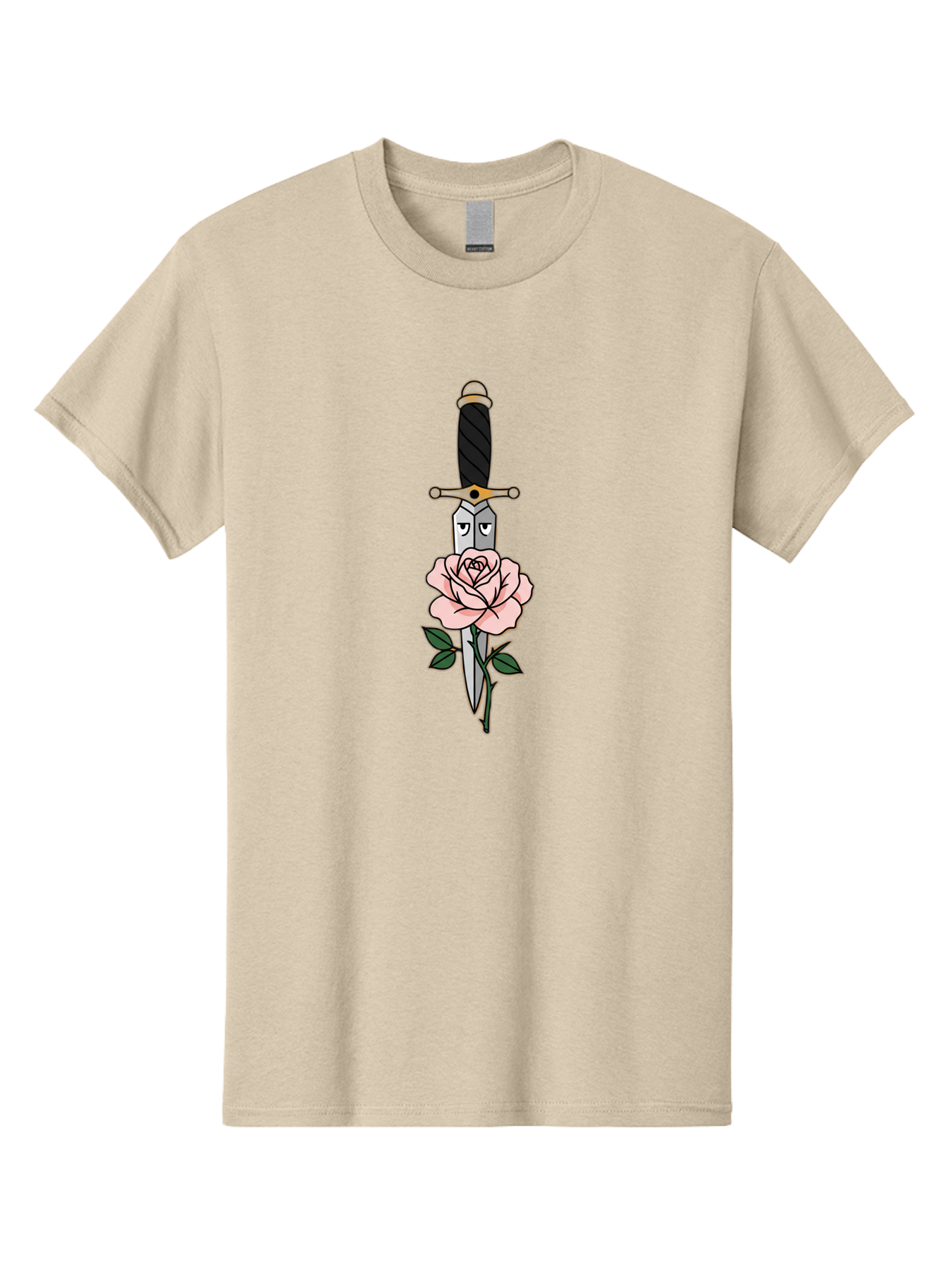 Dagger-And-Rose Men'S Graphic Tee, 100% Cotton, Comfortable Casual Summer Wear, Machine Washable, Dagger Piercing A Rose, Tattoo Art, Floral Design, Sharp Blade, Pink Rose, Gothic Style, Symbolic Imagery, Traditional Tattoo, Bae171