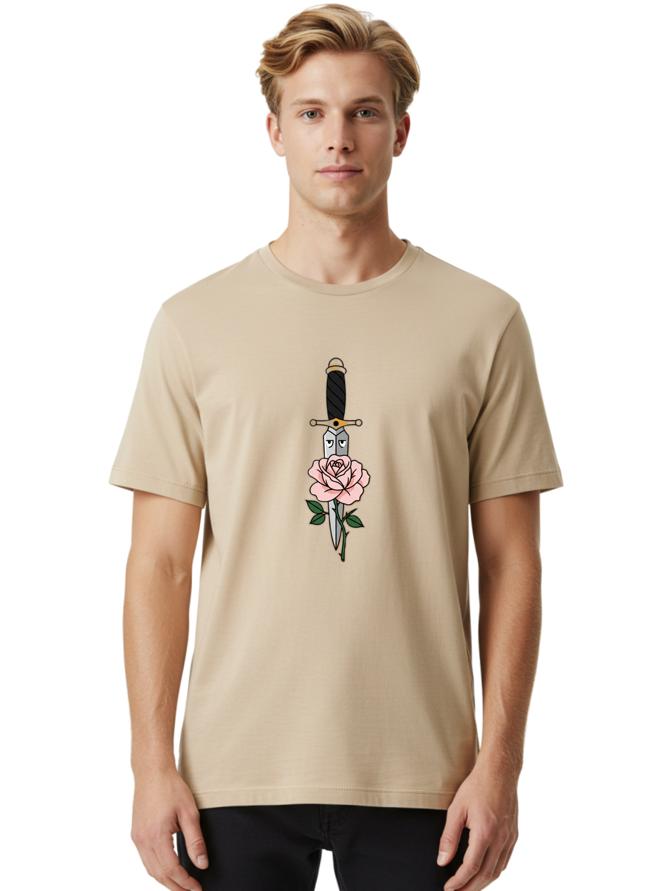 Dagger-And-Rose Men'S Graphic Tee, 100% Cotton, Comfortable Casual Summer Wear, Machine Washable, Dagger Piercing A Rose, Tattoo Art, Floral Design, Sharp Blade, Pink Rose, Gothic Style, Symbolic Imagery, Traditional Tattoo, Bae171