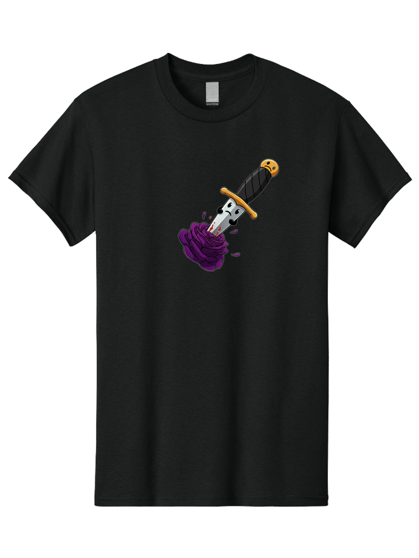 Dagger-With-Face Men'S Graphic Tee, 100% Cotton, Comfortable Casual Summer Wear, Machine Washable, Dagger With Face, Purple Rose, Cartoon Dagger, Stabbed Rose, Gold Hilt, Black Handle, Facial Expression, Floral Imagery, Symbolic Violence, Bae172