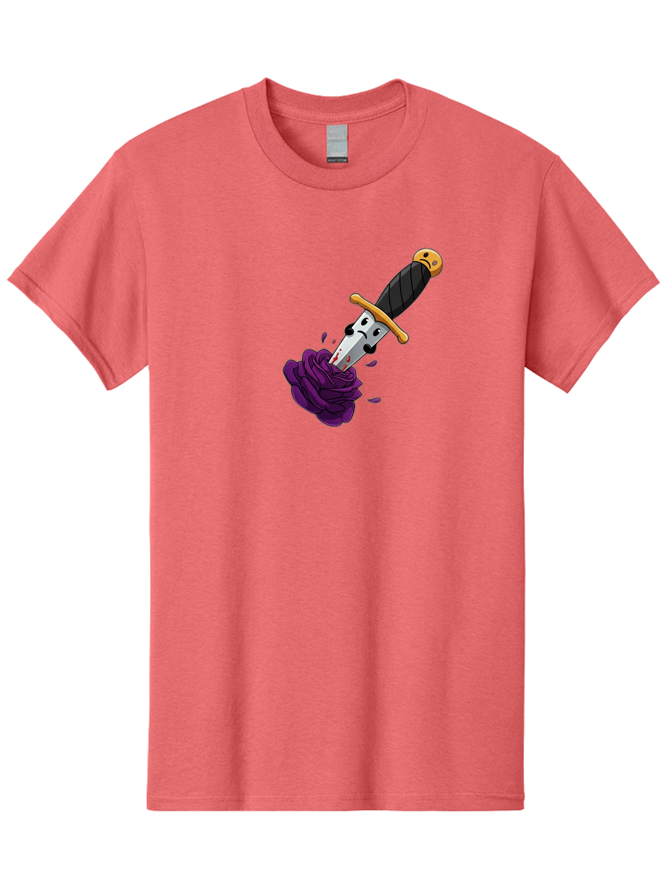 Dagger-With-Face Men'S Graphic Tee, 100% Cotton, Comfortable Casual Summer Wear, Machine Washable, Dagger With Face, Purple Rose, Cartoon Dagger, Stabbed Rose, Gold Hilt, Black Handle, Facial Expression, Floral Imagery, Symbolic Violence, Bae172