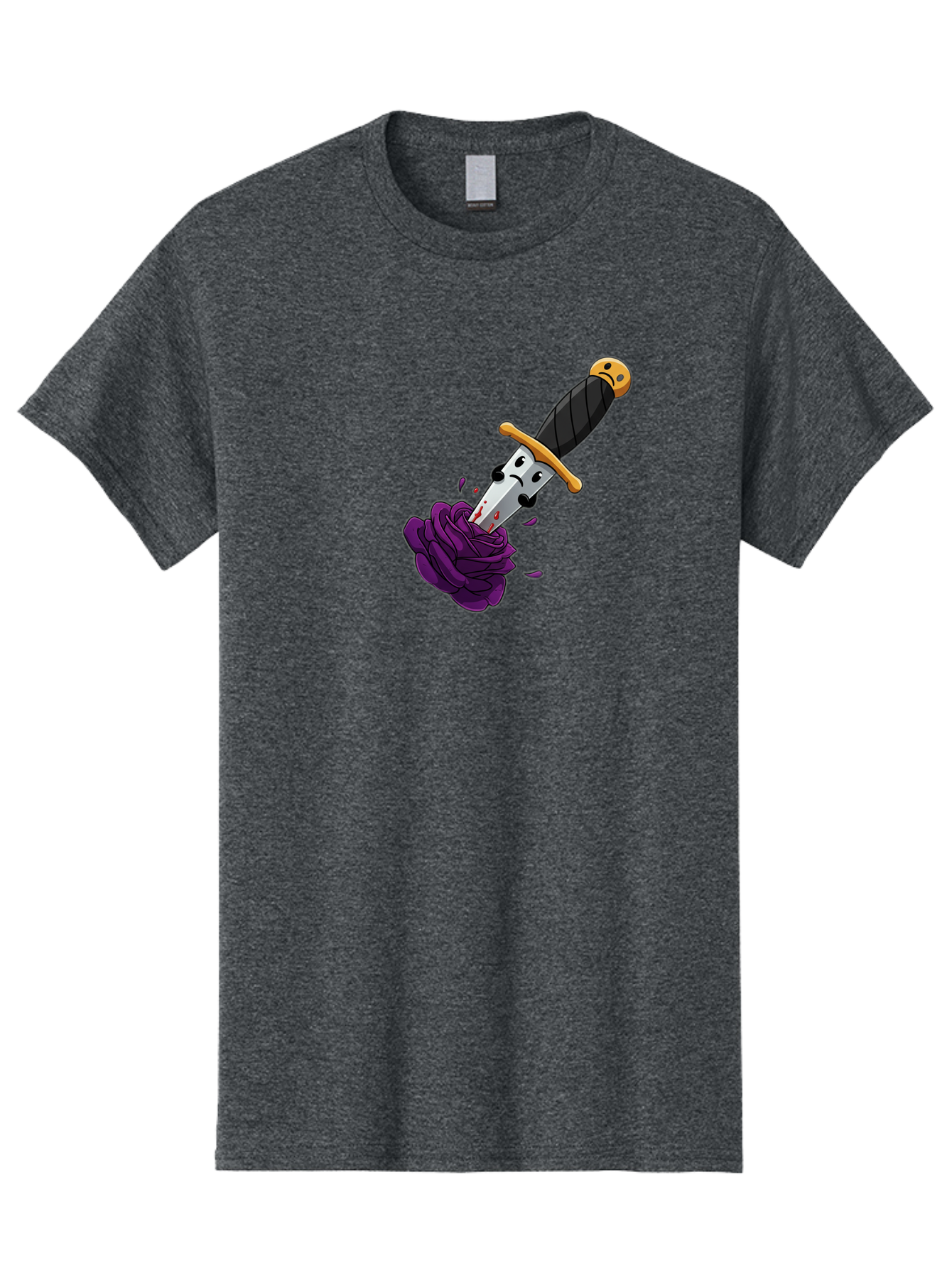 Dagger-With-Face Men'S Graphic Tee, 100% Cotton, Comfortable Casual Summer Wear, Machine Washable, Dagger With Face, Purple Rose, Cartoon Dagger, Stabbed Rose, Gold Hilt, Black Handle, Facial Expression, Floral Imagery, Symbolic Violence, Bae172