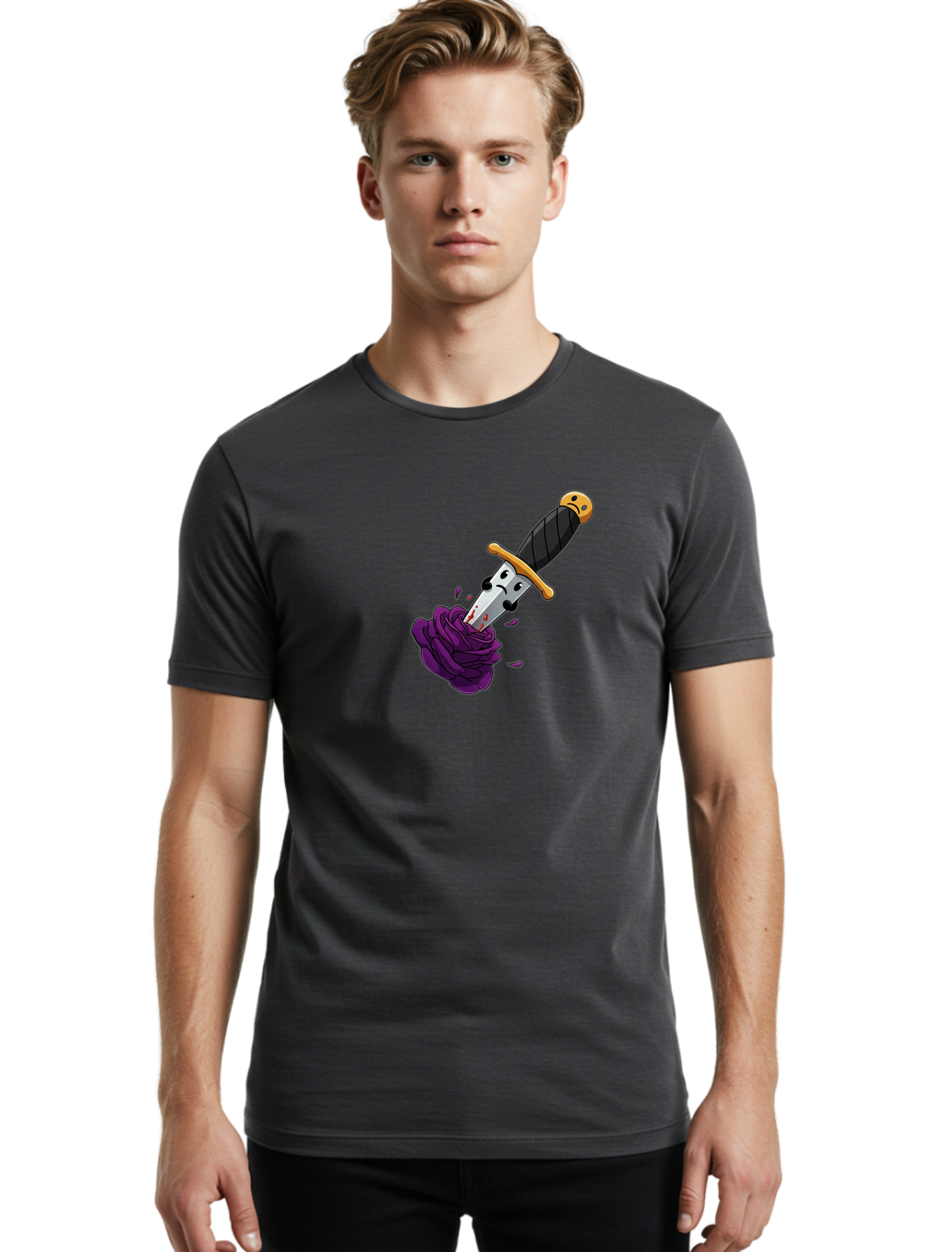Dagger-With-Face Men'S Graphic Tee, 100% Cotton, Comfortable Casual Summer Wear, Machine Washable, Dagger With Face, Purple Rose, Cartoon Dagger, Stabbed Rose, Gold Hilt, Black Handle, Facial Expression, Floral Imagery, Symbolic Violence, Bae172