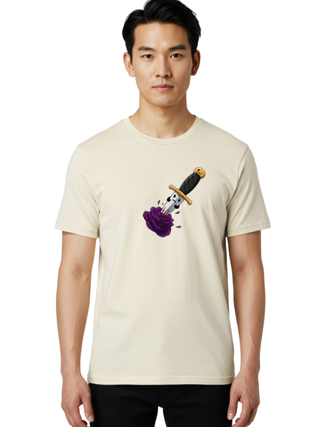 Dagger-With-Face Men'S Graphic Tee, 100% Cotton, Comfortable Casual Summer Wear, Machine Washable, Dagger With Face, Purple Rose, Cartoon Dagger, Stabbed Rose, Gold Hilt, Black Handle, Facial Expression, Floral Imagery, Symbolic Violence, Bae172