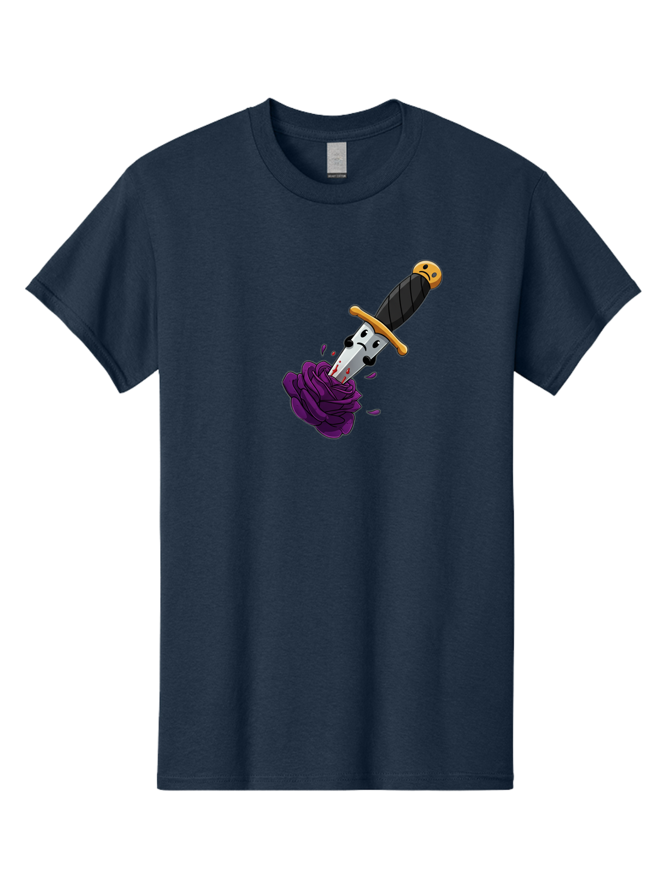 Dagger-With-Face Men'S Graphic Tee, 100% Cotton, Comfortable Casual Summer Wear, Machine Washable, Dagger With Face, Purple Rose, Cartoon Dagger, Stabbed Rose, Gold Hilt, Black Handle, Facial Expression, Floral Imagery, Symbolic Violence, Bae172