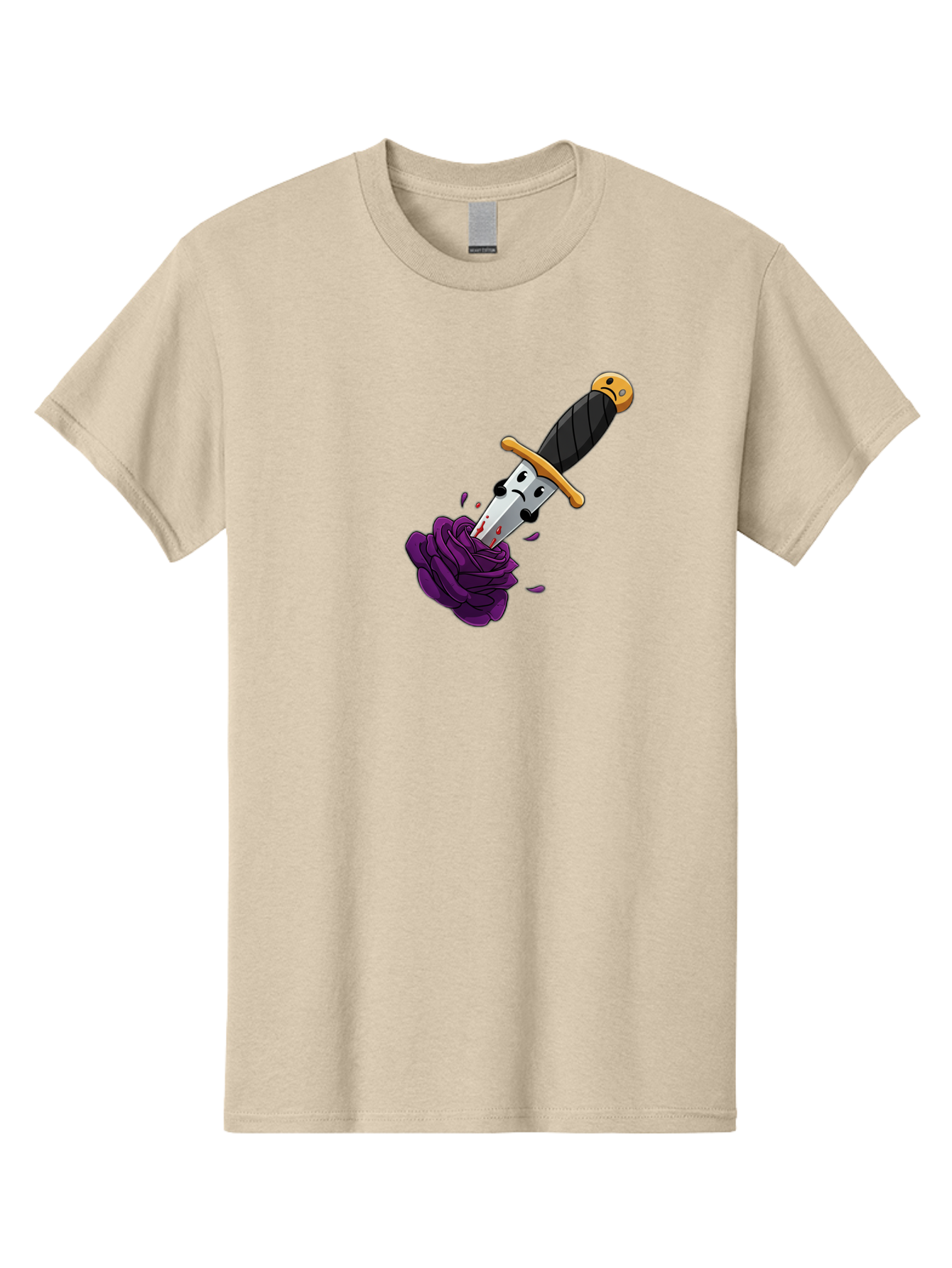 Dagger-With-Face Men'S Graphic Tee, 100% Cotton, Comfortable Casual Summer Wear, Machine Washable, Dagger With Face, Purple Rose, Cartoon Dagger, Stabbed Rose, Gold Hilt, Black Handle, Facial Expression, Floral Imagery, Symbolic Violence, Bae172