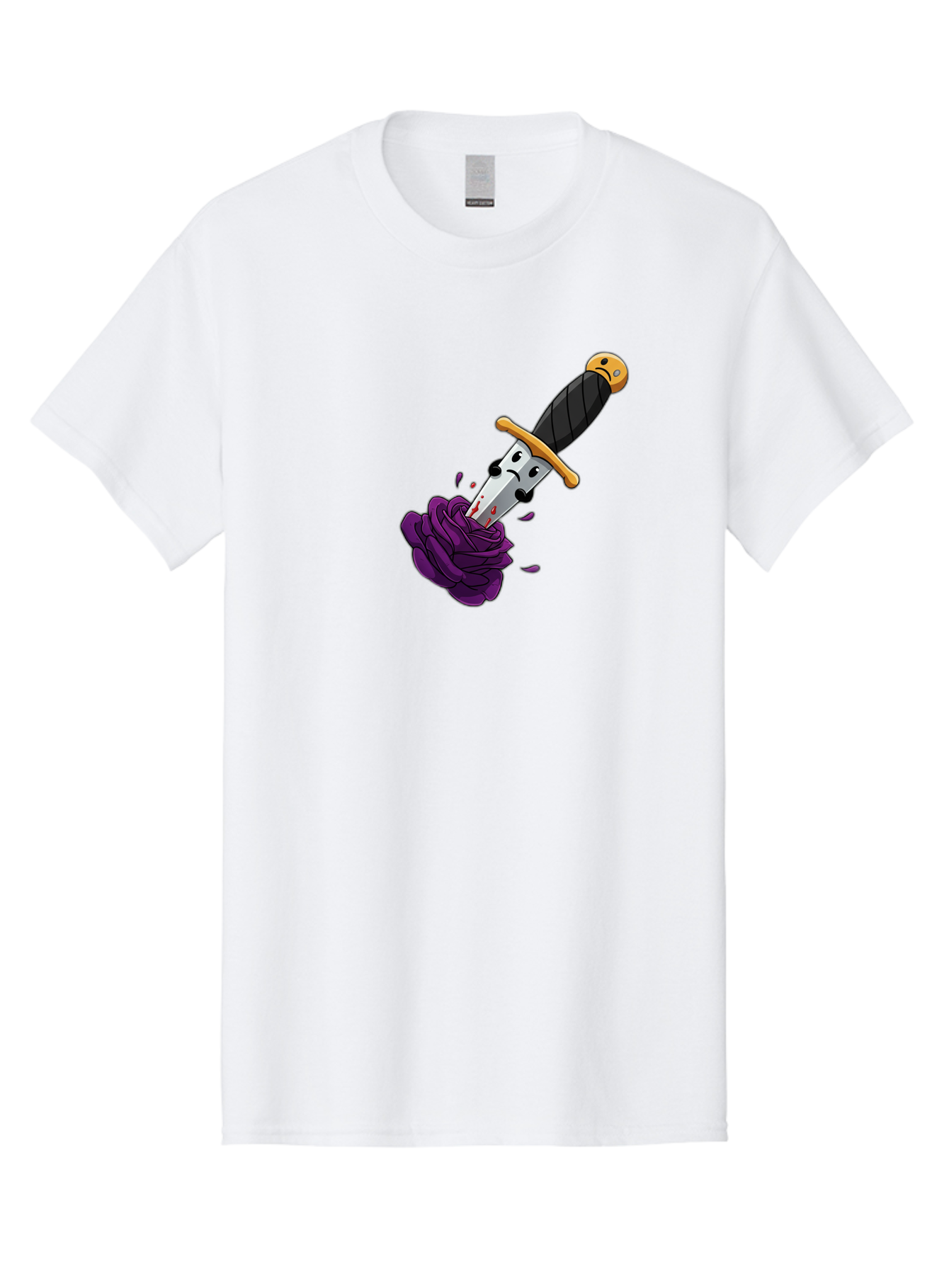 Dagger-With-Face Men'S Graphic Tee, 100% Cotton, Comfortable Casual Summer Wear, Machine Washable, Dagger With Face, Purple Rose, Cartoon Dagger, Stabbed Rose, Gold Hilt, Black Handle, Facial Expression, Floral Imagery, Symbolic Violence, Bae172
