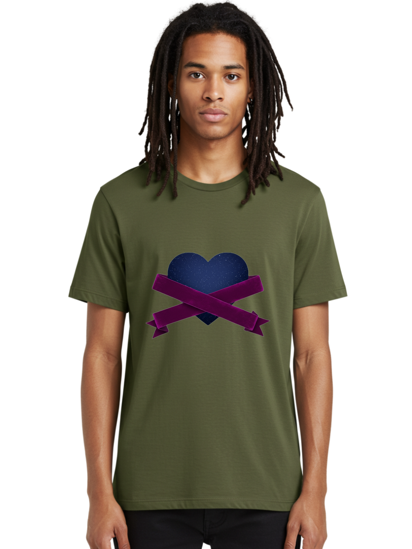 Dark-Heart-With-Ribbon Men'S Graphic Tee, 100% Cotton, Comfortable Casual Summer Wear, Machine Washable, Dark Heart, Purple Ribbon, Heart Shape, Velvet Texture, Symbol Of Love, Mourning Symbol, Grunge Style, Edgy Aesthetic, Dark Romance Bae173