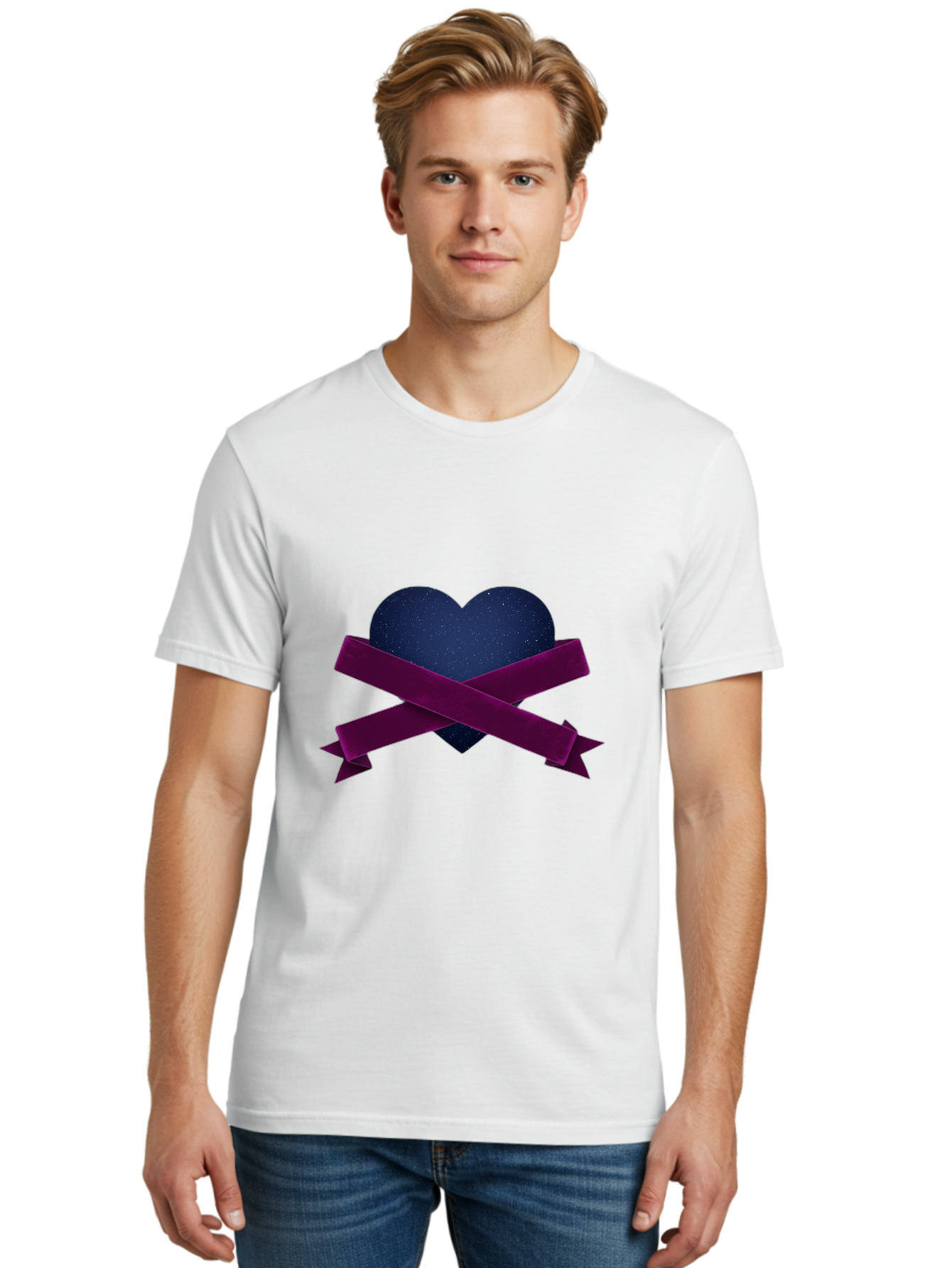 Dark-Heart-With-Ribbon Men'S Graphic Tee, 100% Cotton, Comfortable Casual Summer Wear, Machine Washable, Dark Heart, Purple Ribbon, Heart Shape, Velvet Texture, Symbol Of Love, Mourning Symbol, Grunge Style, Edgy Aesthetic, Dark Romance Bae173