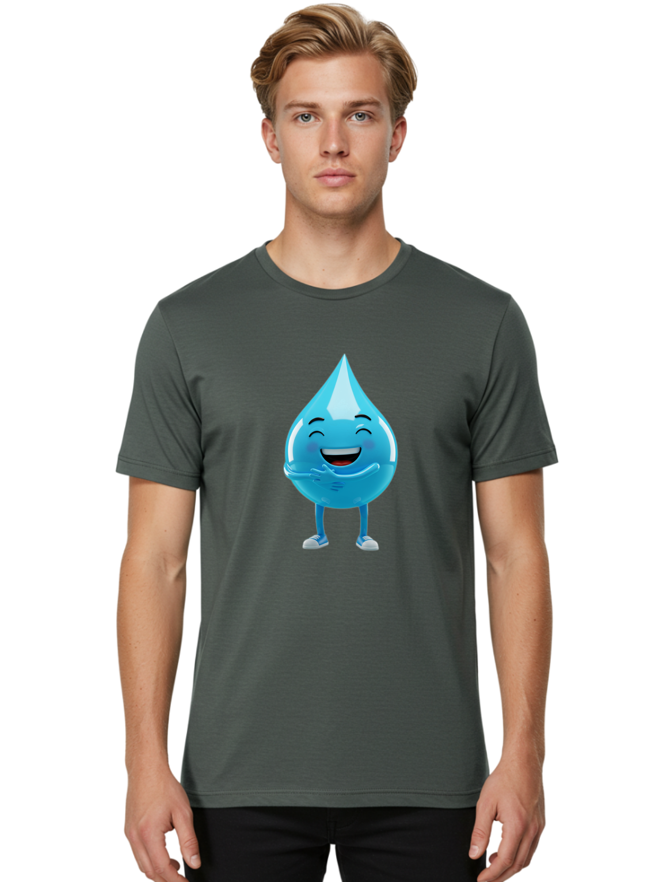 Droplet-Character Men'S Graphic Tee, 100% Cotton, Comfortable Casual Summer Wear, Machine Washable, Water Droplet Character, Happy Face, Smiling Water Drop, Blue Water, Water Conservation, Hydration, Winking Character, Playful Graphic, Bae175