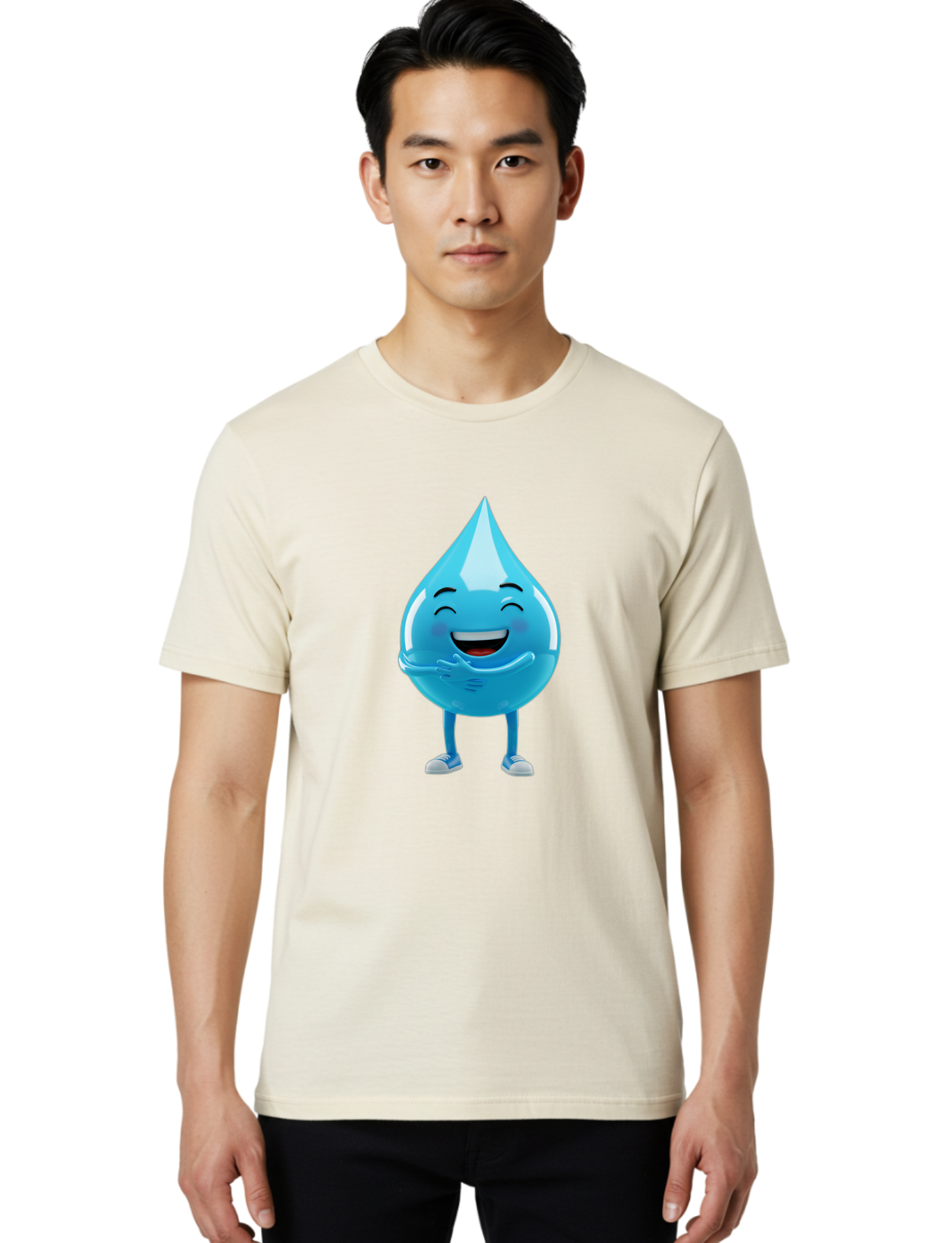 Droplet-Character Men'S Graphic Tee, 100% Cotton, Comfortable Casual Summer Wear, Machine Washable, Water Droplet Character, Happy Face, Smiling Water Drop, Blue Water, Water Conservation, Hydration, Winking Character, Playful Graphic, Bae175