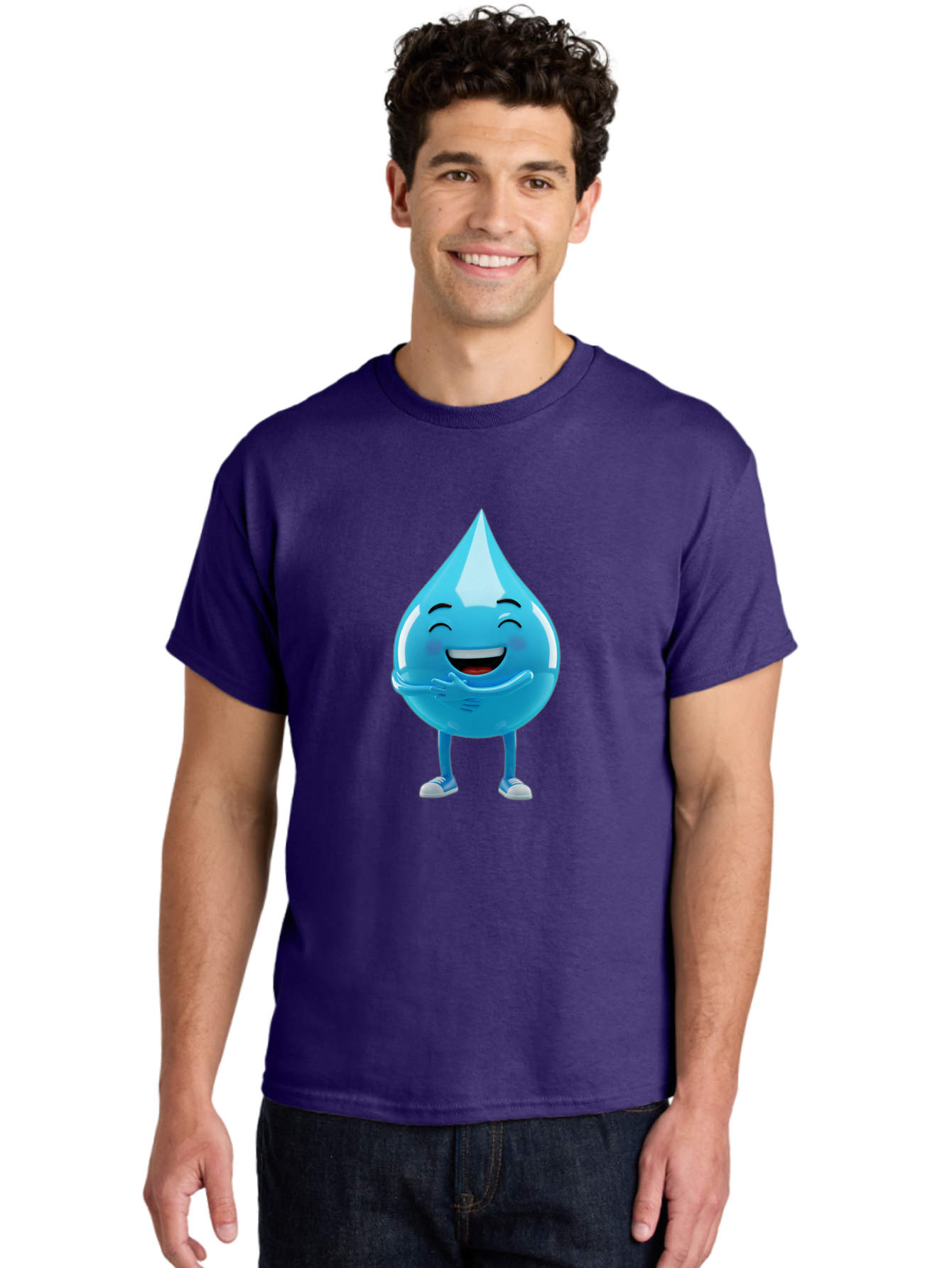 Droplet-Character Men'S Graphic Tee, 100% Cotton, Comfortable Casual Summer Wear, Machine Washable, Water Droplet Character, Happy Face, Smiling Water Drop, Blue Water, Water Conservation, Hydration, Winking Character, Playful Graphic, Bae175