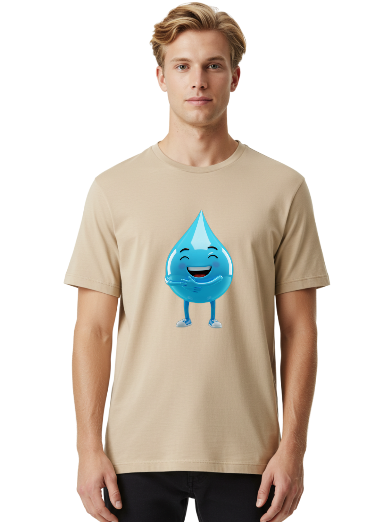 Droplet-Character Men'S Graphic Tee, 100% Cotton, Comfortable Casual Summer Wear, Machine Washable, Water Droplet Character, Happy Face, Smiling Water Drop, Blue Water, Water Conservation, Hydration, Winking Character, Playful Graphic, Bae175