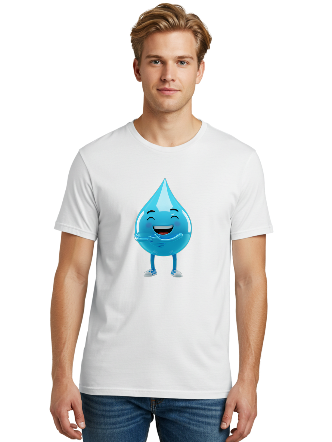 Droplet-Character Men'S Graphic Tee, 100% Cotton, Comfortable Casual Summer Wear, Machine Washable, Water Droplet Character, Happy Face, Smiling Water Drop, Blue Water, Water Conservation, Hydration, Winking Character, Playful Graphic, Bae175
