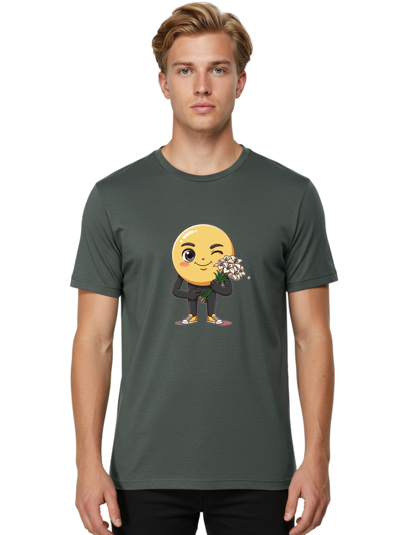 Eggplant-Emoji Men'S Graphic Tee, 100% Cotton, Comfortable Casual Summer Wear, Machine Washable, Happy Face, Cartoon Character, Holding Flowers, Smiley Emoticon, Winking Face, Cute Illustration, White Flowers, Black Outfit, Smiling Face, Bae176