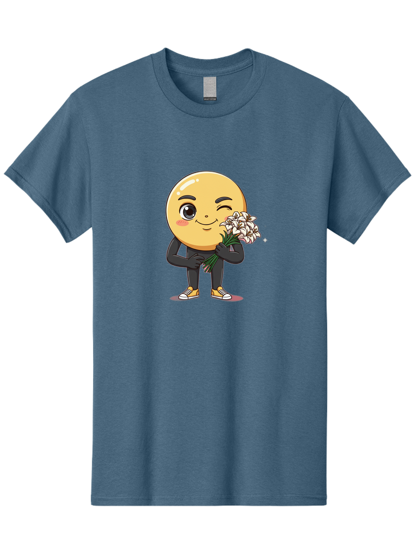 Eggplant-Emoji Men'S Graphic Tee, 100% Cotton, Comfortable Casual Summer Wear, Machine Washable, Happy Face, Cartoon Character, Holding Flowers, Smiley Emoticon, Winking Face, Cute Illustration, White Flowers, Black Outfit, Smiling Face, Bae176