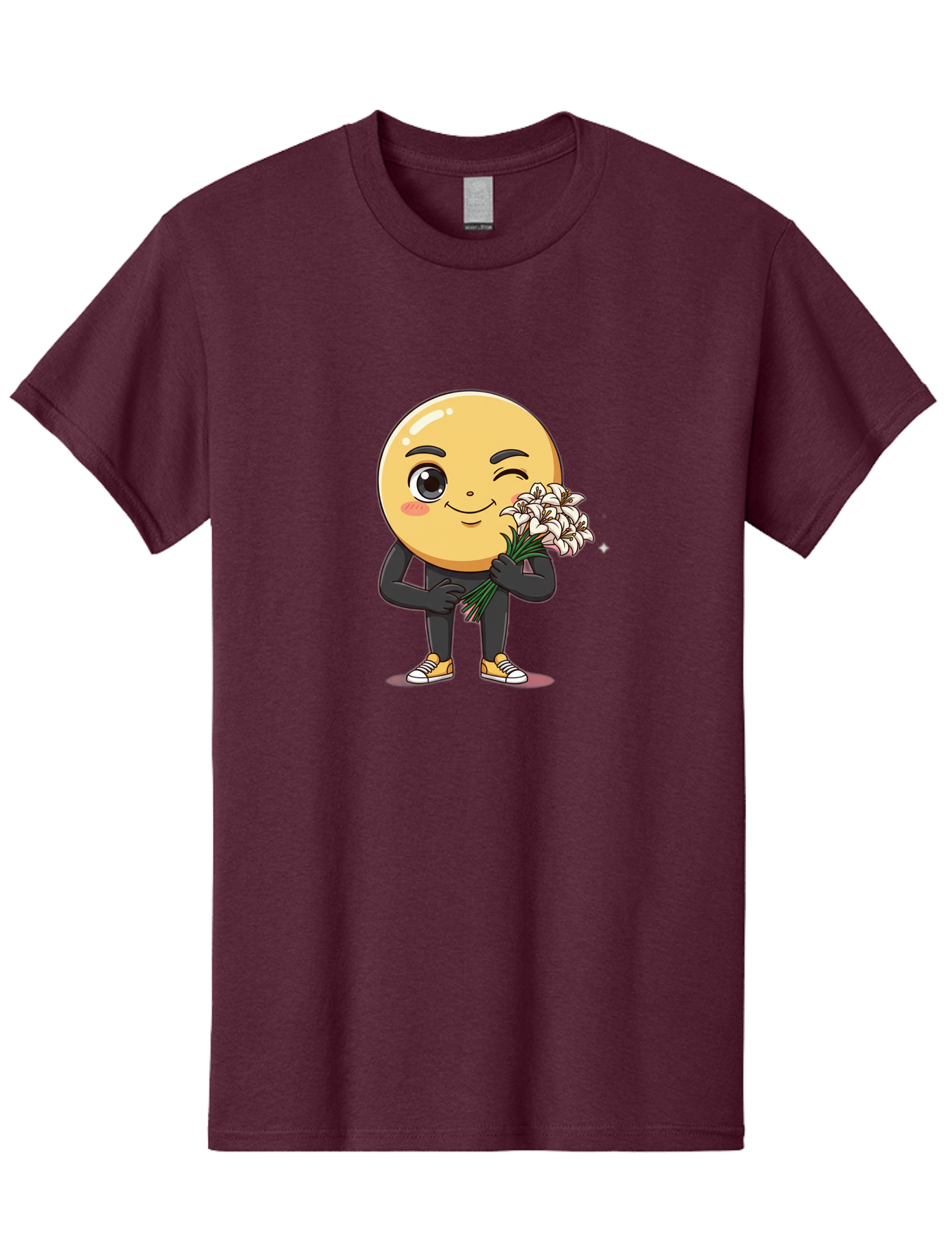 Eggplant-Emoji Men'S Graphic Tee, 100% Cotton, Comfortable Casual Summer Wear, Machine Washable, Happy Face, Cartoon Character, Holding Flowers, Smiley Emoticon, Winking Face, Cute Illustration, White Flowers, Black Outfit, Smiling Face, Bae176