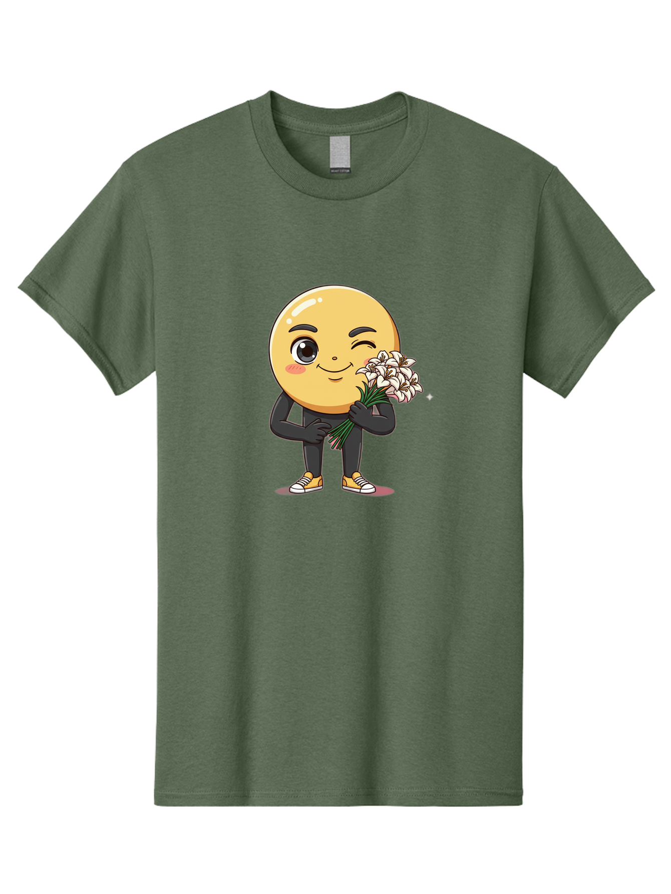 Eggplant-Emoji Men'S Graphic Tee, 100% Cotton, Comfortable Casual Summer Wear, Machine Washable, Happy Face, Cartoon Character, Holding Flowers, Smiley Emoticon, Winking Face, Cute Illustration, White Flowers, Black Outfit, Smiling Face, Bae176