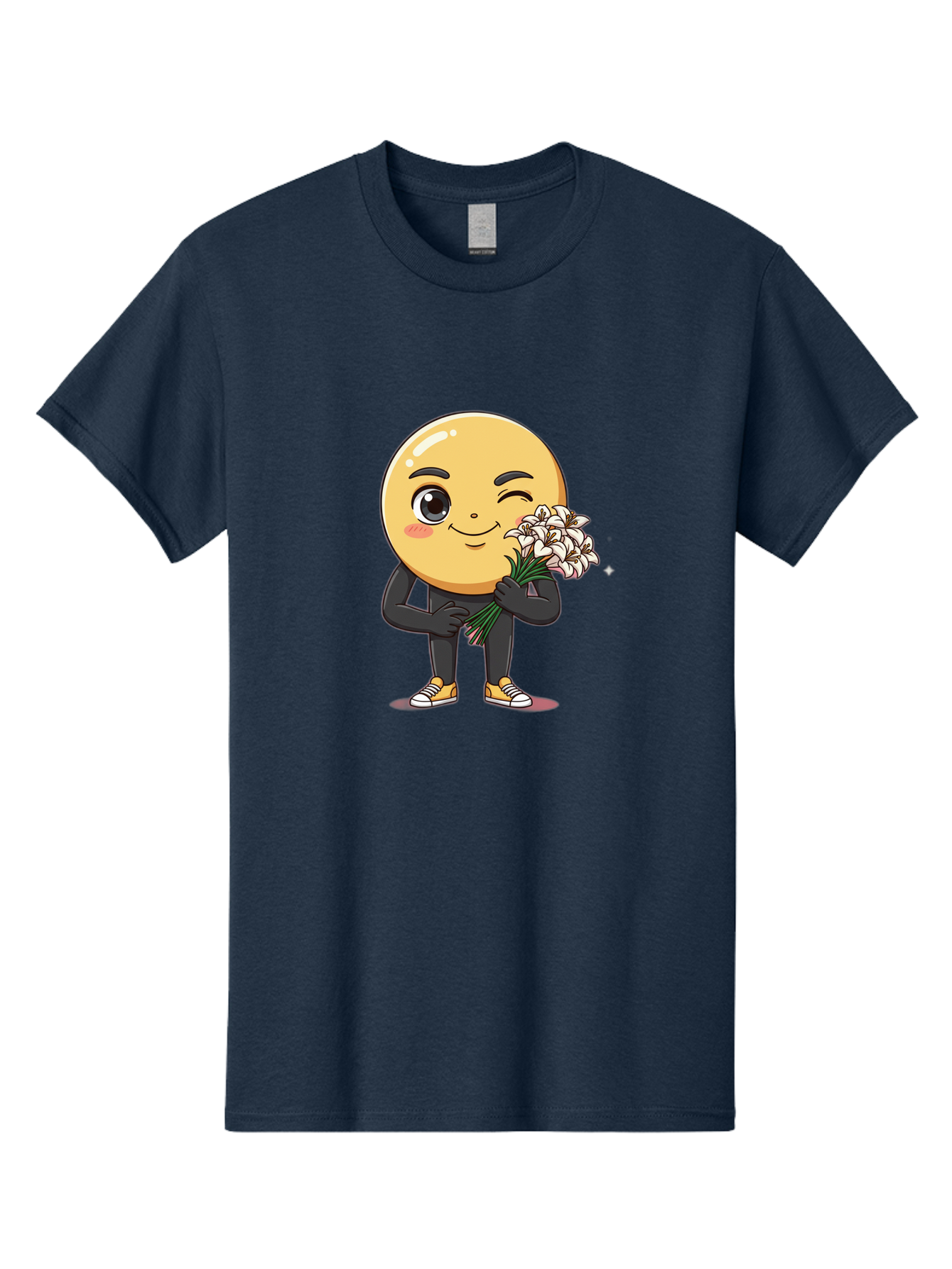 Eggplant-Emoji Men'S Graphic Tee, 100% Cotton, Comfortable Casual Summer Wear, Machine Washable, Happy Face, Cartoon Character, Holding Flowers, Smiley Emoticon, Winking Face, Cute Illustration, White Flowers, Black Outfit, Smiling Face, Bae176