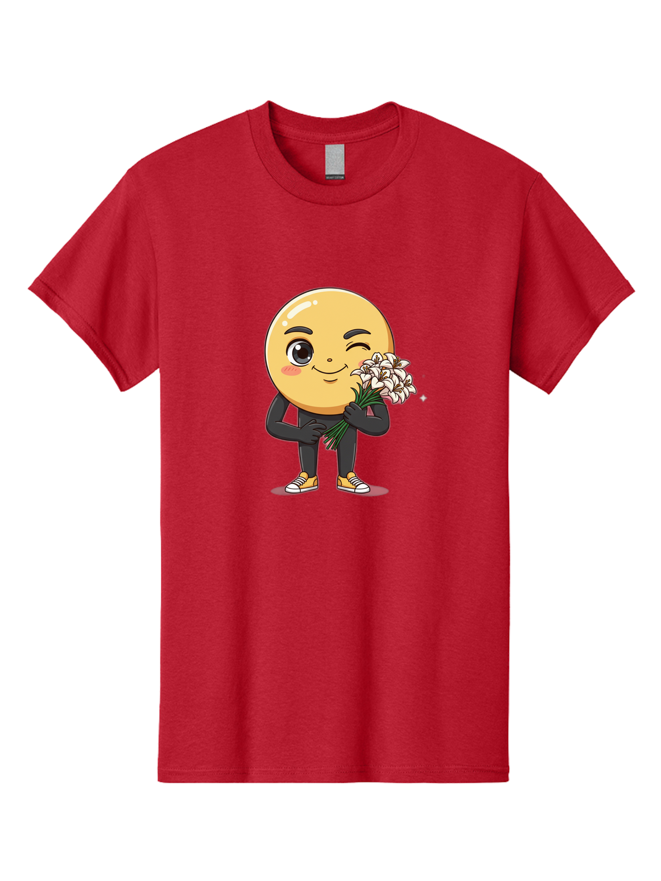 Eggplant-Emoji Men'S Graphic Tee, 100% Cotton, Comfortable Casual Summer Wear, Machine Washable, Happy Face, Cartoon Character, Holding Flowers, Smiley Emoticon, Winking Face, Cute Illustration, White Flowers, Black Outfit, Smiling Face, Bae176