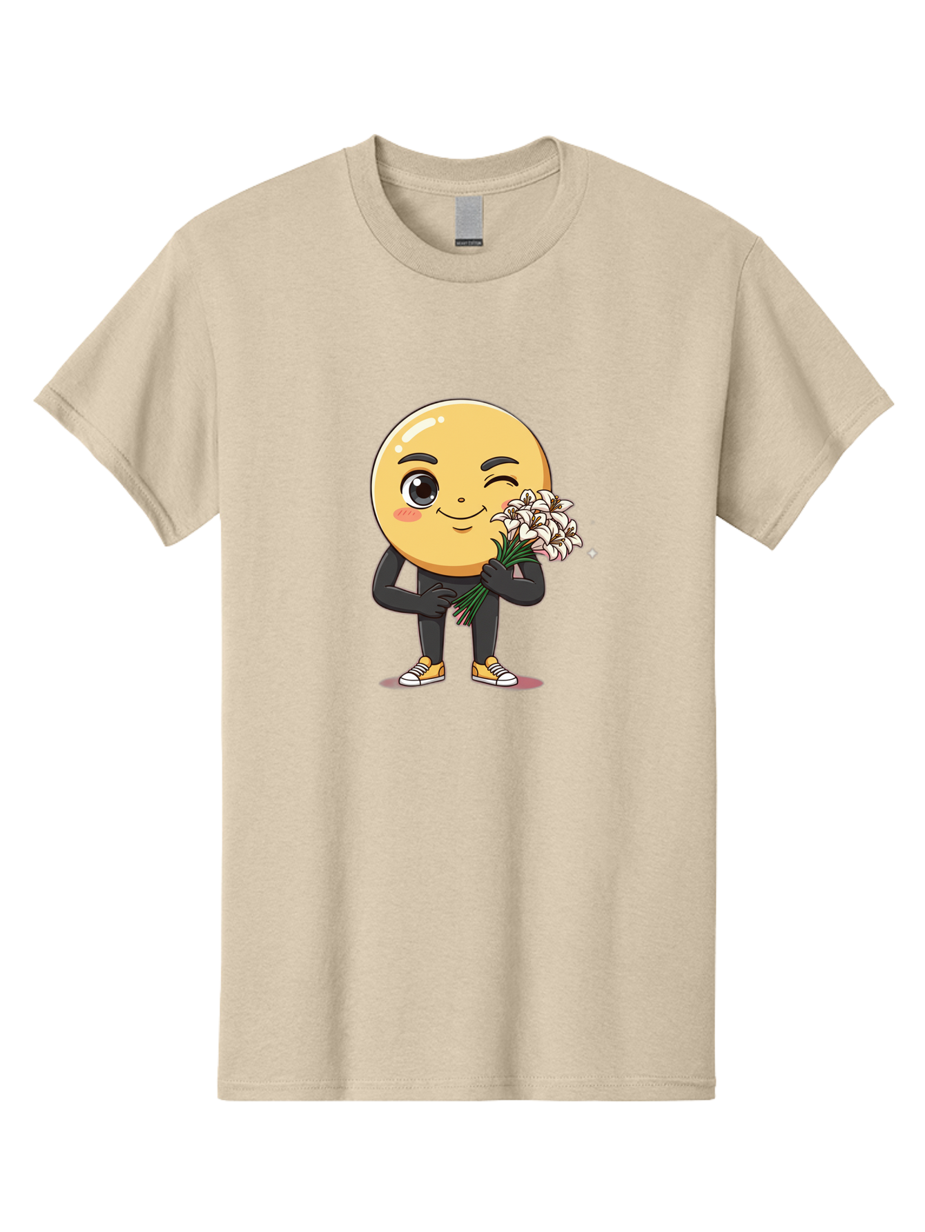 Eggplant-Emoji Men'S Graphic Tee, 100% Cotton, Comfortable Casual Summer Wear, Machine Washable, Happy Face, Cartoon Character, Holding Flowers, Smiley Emoticon, Winking Face, Cute Illustration, White Flowers, Black Outfit, Smiling Face, Bae176