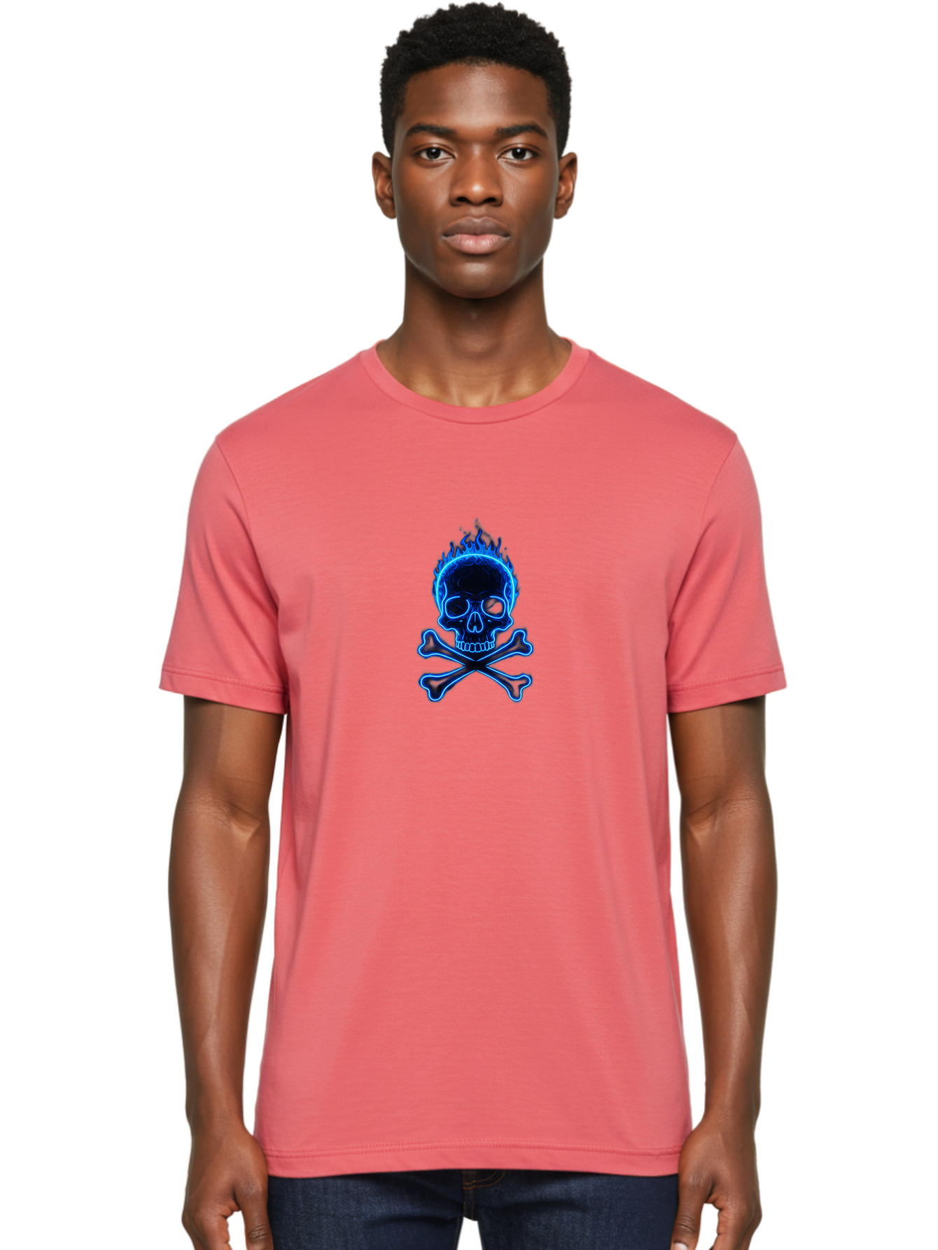 Flaming-Skull-And-Crossbones Men'S Graphic Tee, 100% Cotton, Comfortable Casual Summer Wear, Machine Washable, Skull And Crossbones, Danger Symbol, Death Sign, Pirate Flag, Toxic Warning, Hazardous Materials, Neon Effect, Glowing Blue, Bae177