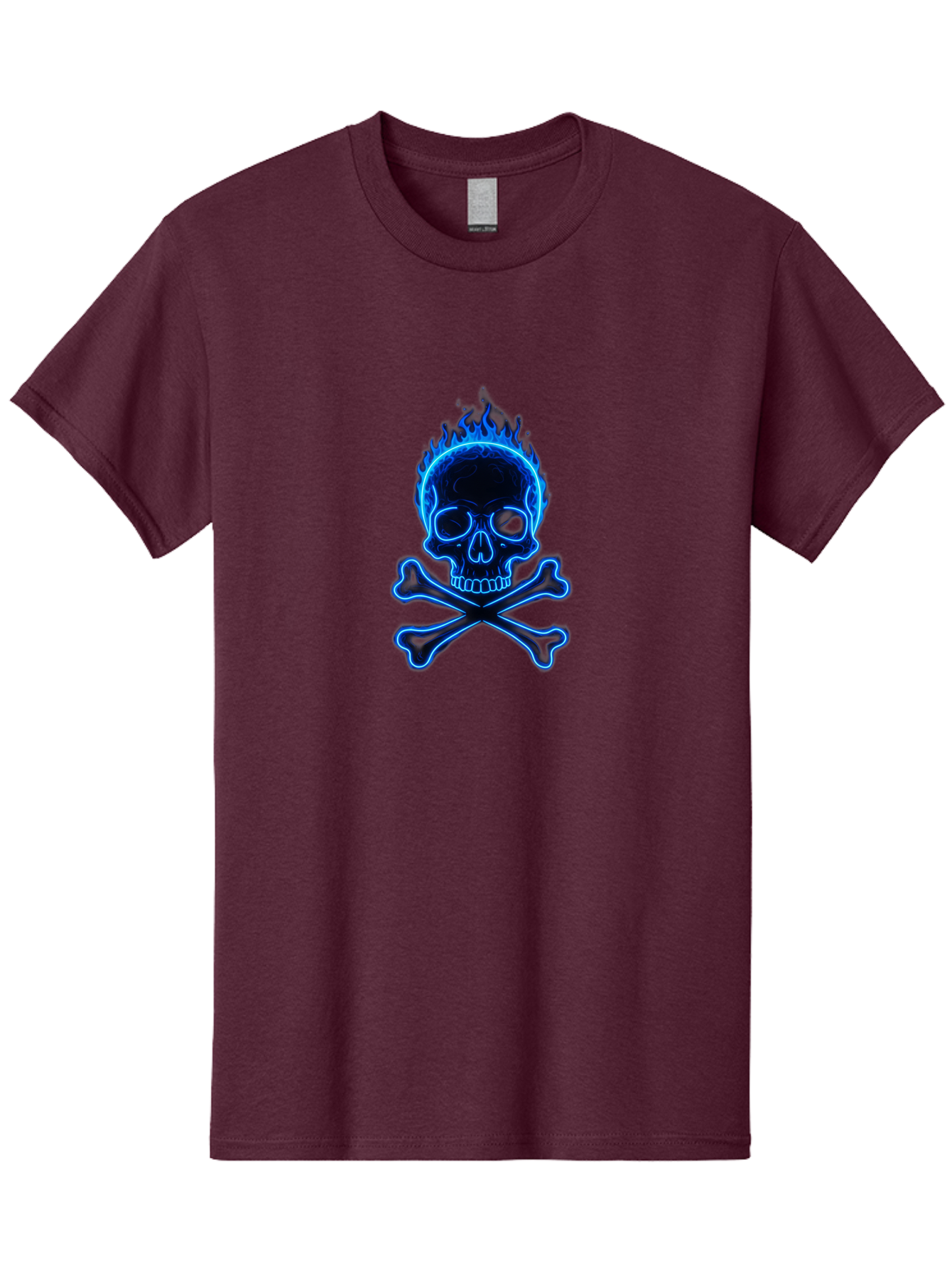 Flaming-Skull-And-Crossbones Men'S Graphic Tee, 100% Cotton, Comfortable Casual Summer Wear, Machine Washable, Skull And Crossbones, Danger Symbol, Death Sign, Pirate Flag, Toxic Warning, Hazardous Materials, Neon Effect, Glowing Blue, Bae177