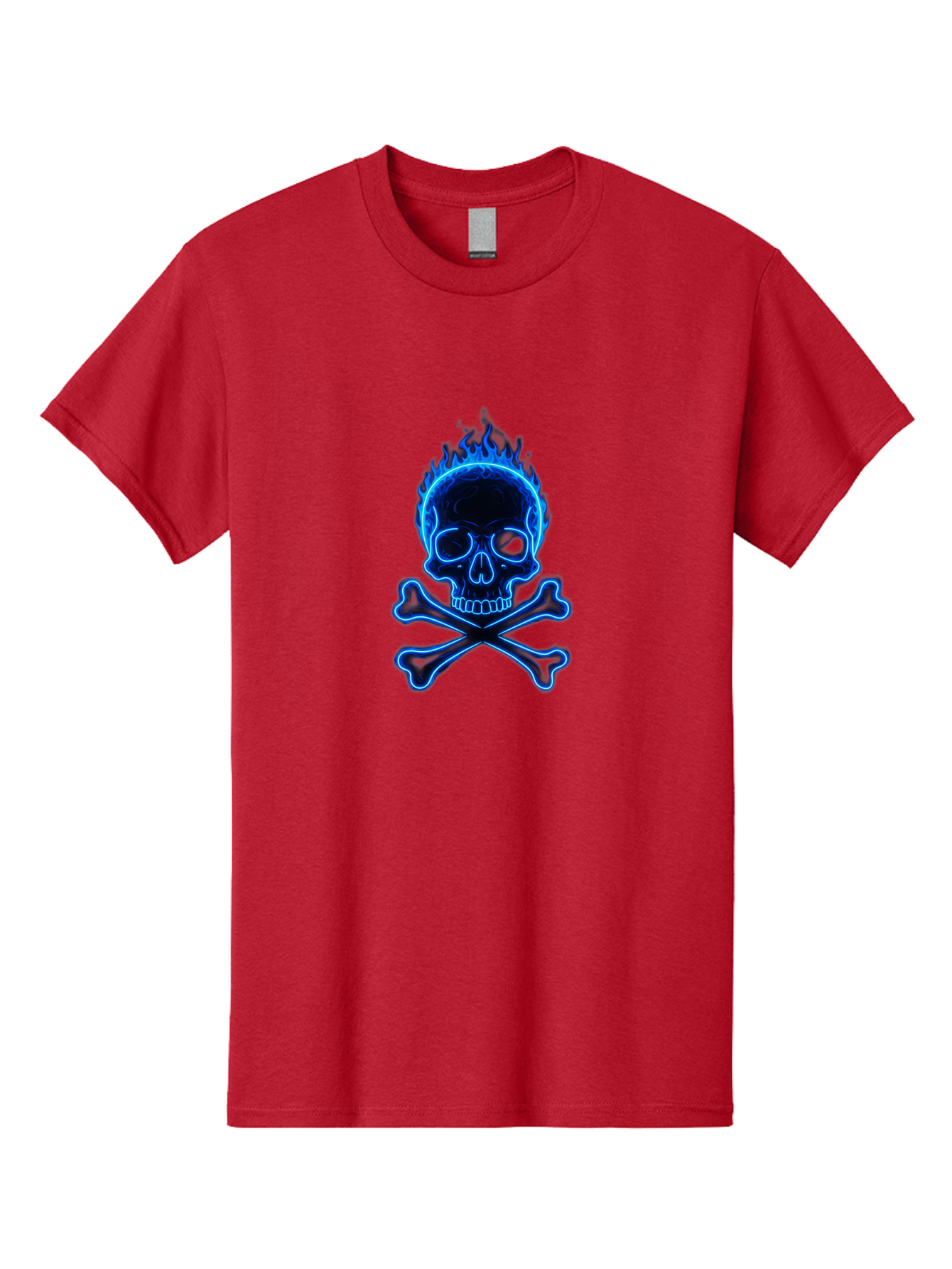 Flaming-Skull-And-Crossbones Men'S Graphic Tee, 100% Cotton, Comfortable Casual Summer Wear, Machine Washable, Skull And Crossbones, Danger Symbol, Death Sign, Pirate Flag, Toxic Warning, Hazardous Materials, Neon Effect, Glowing Blue, Bae177