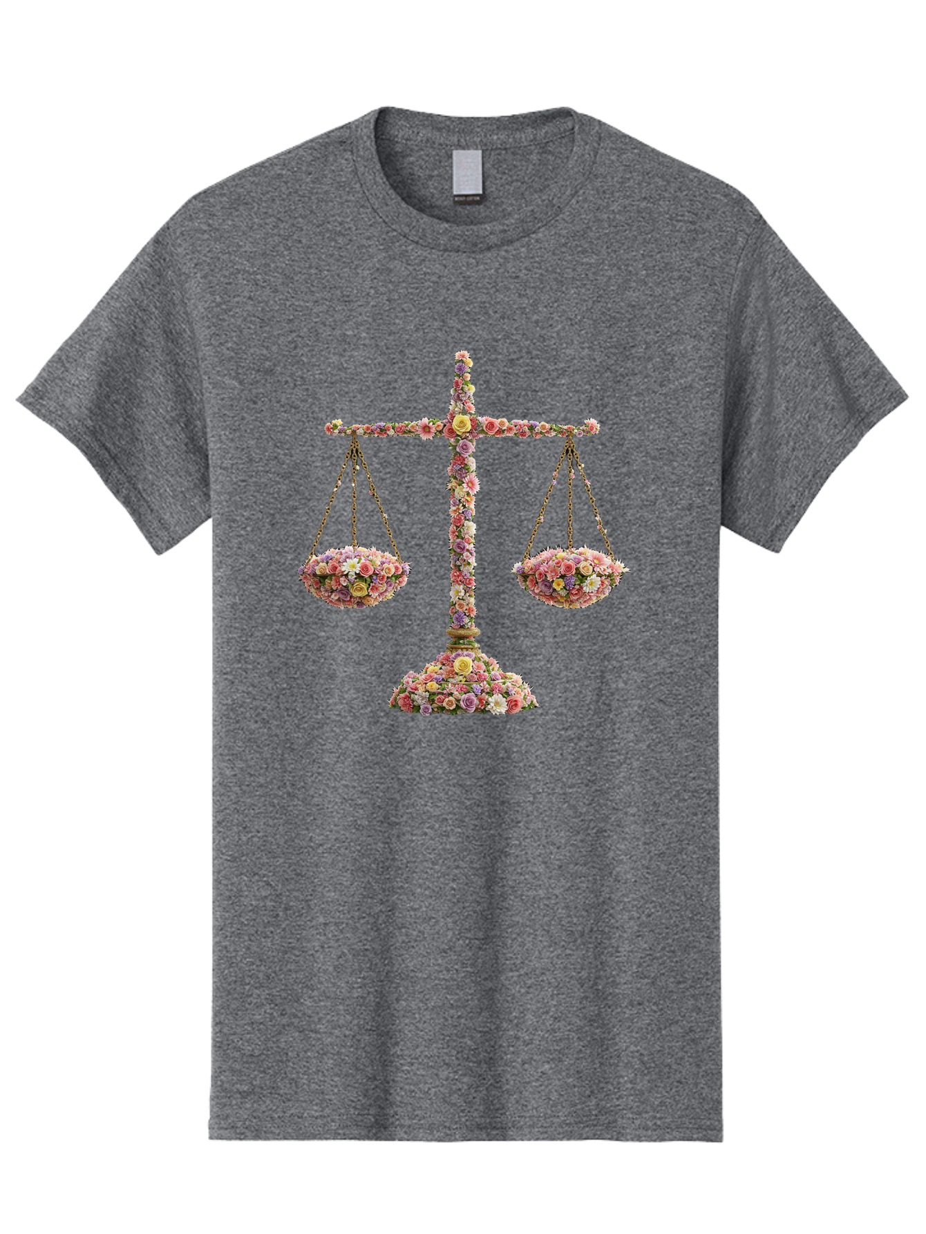 Floral-Scales Men'S Graphic Tee, 100% Cotton, Comfortable Casual Summer Wear, Machine Washable, Scale With Flowers, Floral Arrangement, Balance And Harmony, Beautiful Bouquet, Pastel Colors, Delicate Petals, Symmetry, Equilibrium Bae178