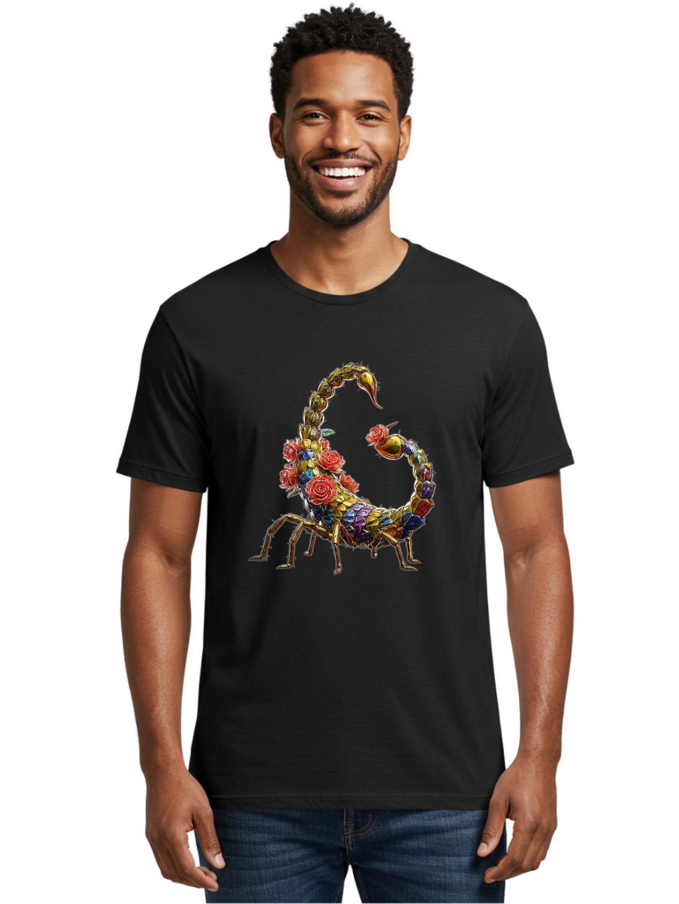 Floral-Scorpion Men'S Graphic Tee, 100% Cotton, Comfortable Casual Summer Wear, Machine Washable, Scorpion Adorned With Flowers, Floral Pattern, Red Roses, Blue Flowers, Gold Accents, Ornate Design, Symbolic Representation, Mystical Creature, Bae179
