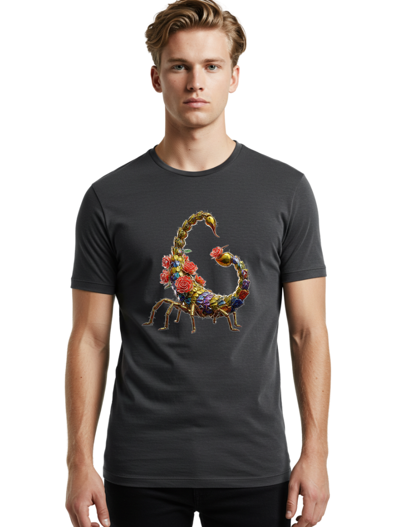 Floral-Scorpion Men'S Graphic Tee, 100% Cotton, Comfortable Casual Summer Wear, Machine Washable, Scorpion Adorned With Flowers, Floral Pattern, Red Roses, Blue Flowers, Gold Accents, Ornate Design, Symbolic Representation, Mystical Creature, Bae179