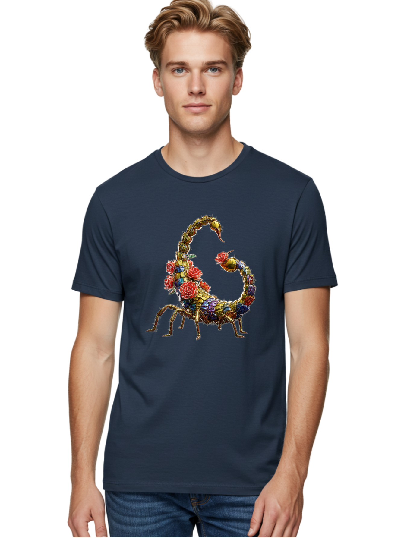 Floral-Scorpion Men'S Graphic Tee, 100% Cotton, Comfortable Casual Summer Wear, Machine Washable, Scorpion Adorned With Flowers, Floral Pattern, Red Roses, Blue Flowers, Gold Accents, Ornate Design, Symbolic Representation, Mystical Creature, Bae179