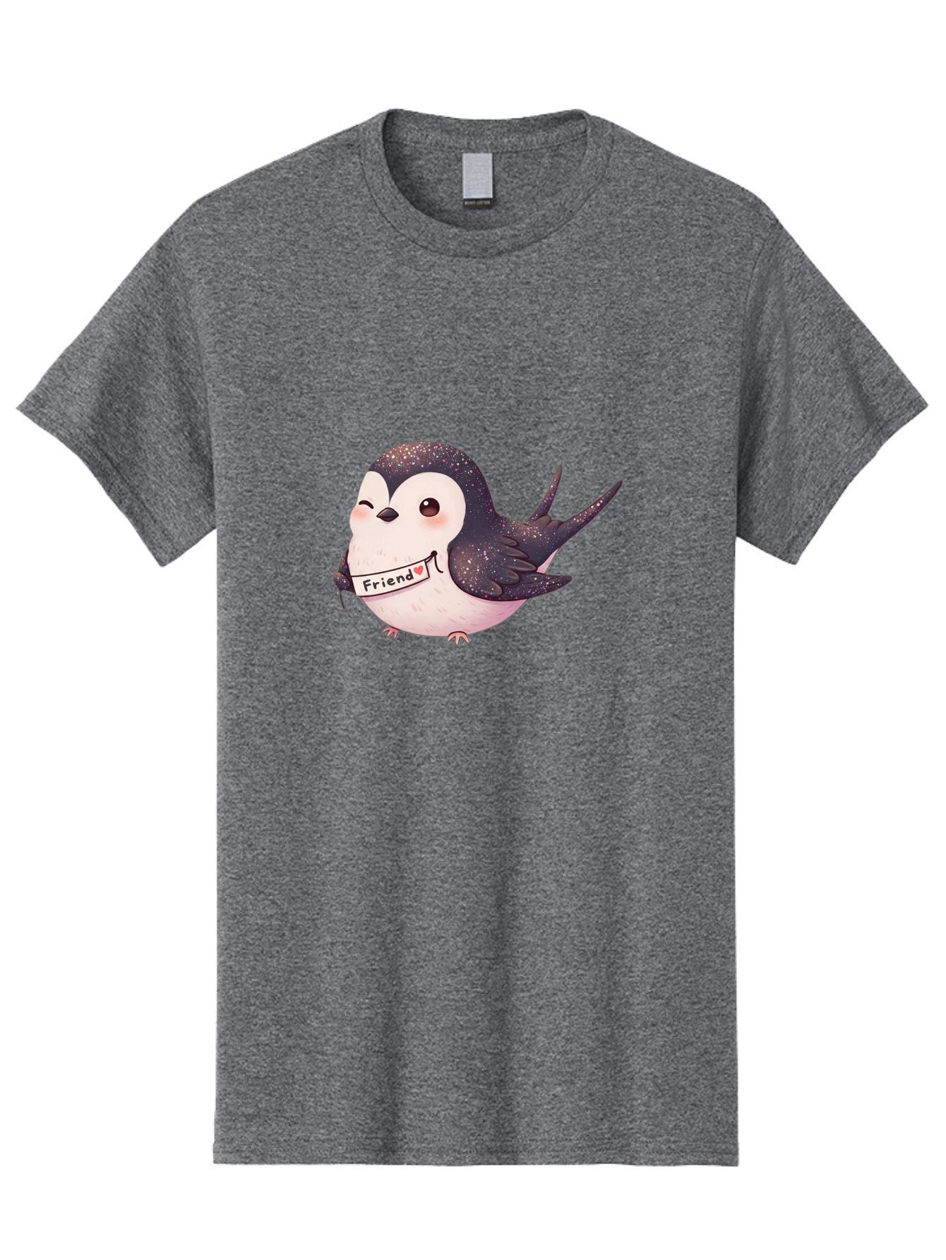 Friend Men'S Graphic Tee, 100% Cotton, Comfortable Casual Summer Wear, Machine Washable, Cartoon Bird, Friendship Symbol, Cute Animal, Bird Holding Sign, Sweet Gesture, Friendship Gift, Friendship Card, Adorable Illustration, Friendship Theme, Bae182