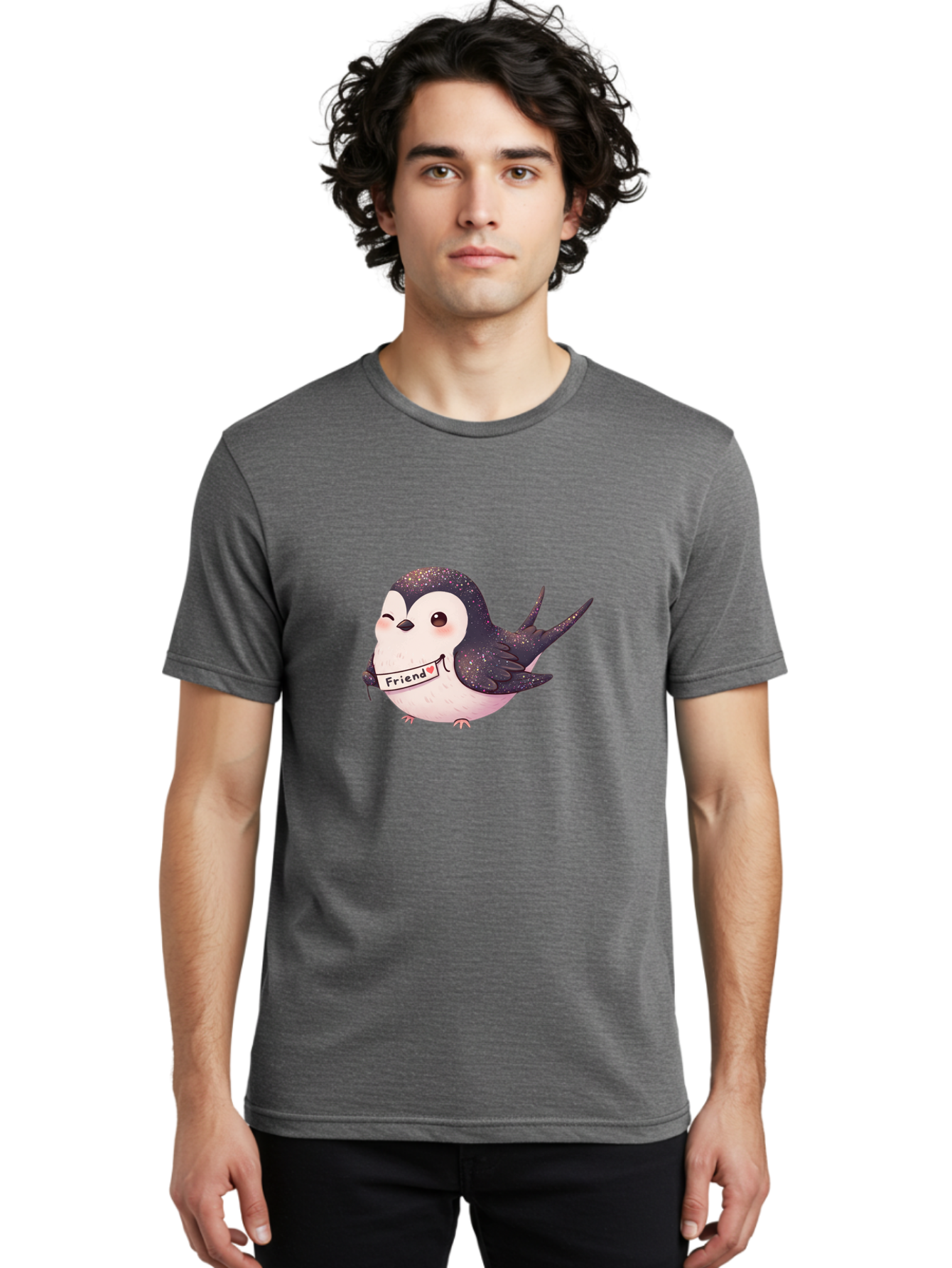 Friend Men'S Graphic Tee, 100% Cotton, Comfortable Casual Summer Wear, Machine Washable, Cartoon Bird, Friendship Symbol, Cute Animal, Bird Holding Sign, Sweet Gesture, Friendship Gift, Friendship Card, Adorable Illustration, Friendship Theme, Bae182