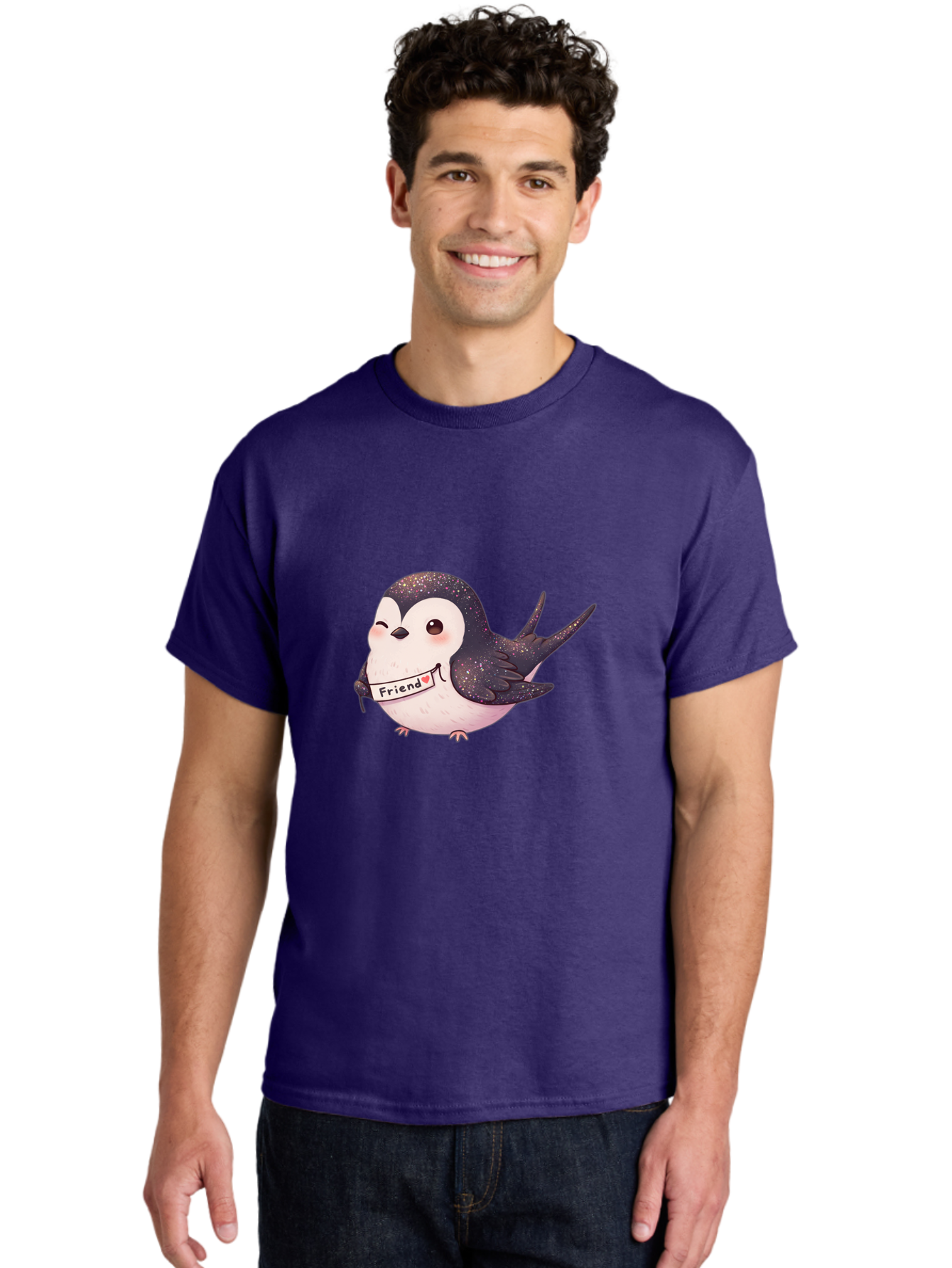 Friend Men'S Graphic Tee, 100% Cotton, Comfortable Casual Summer Wear, Machine Washable, Cartoon Bird, Friendship Symbol, Cute Animal, Bird Holding Sign, Sweet Gesture, Friendship Gift, Friendship Card, Adorable Illustration, Friendship Theme, Bae182