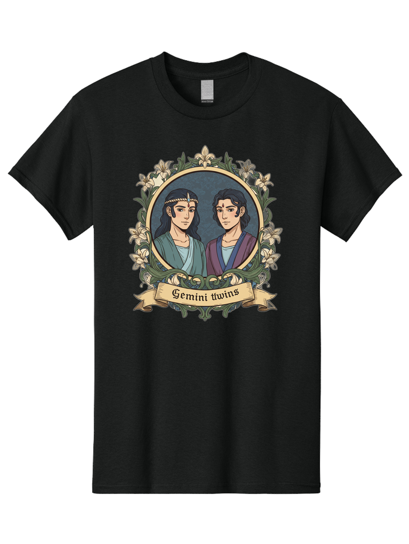 Gemini-Twins Men'S Graphic Tee, 100% Cotton, Comfortable Casual Summer Wear, Machine Washable, Gemini Twins, Astrological Sign, Zodiac Illustration, Twin Representation, Floral Wreath, Elegant Design, Symbolic Artwork, Mystical Symbols, Bae183