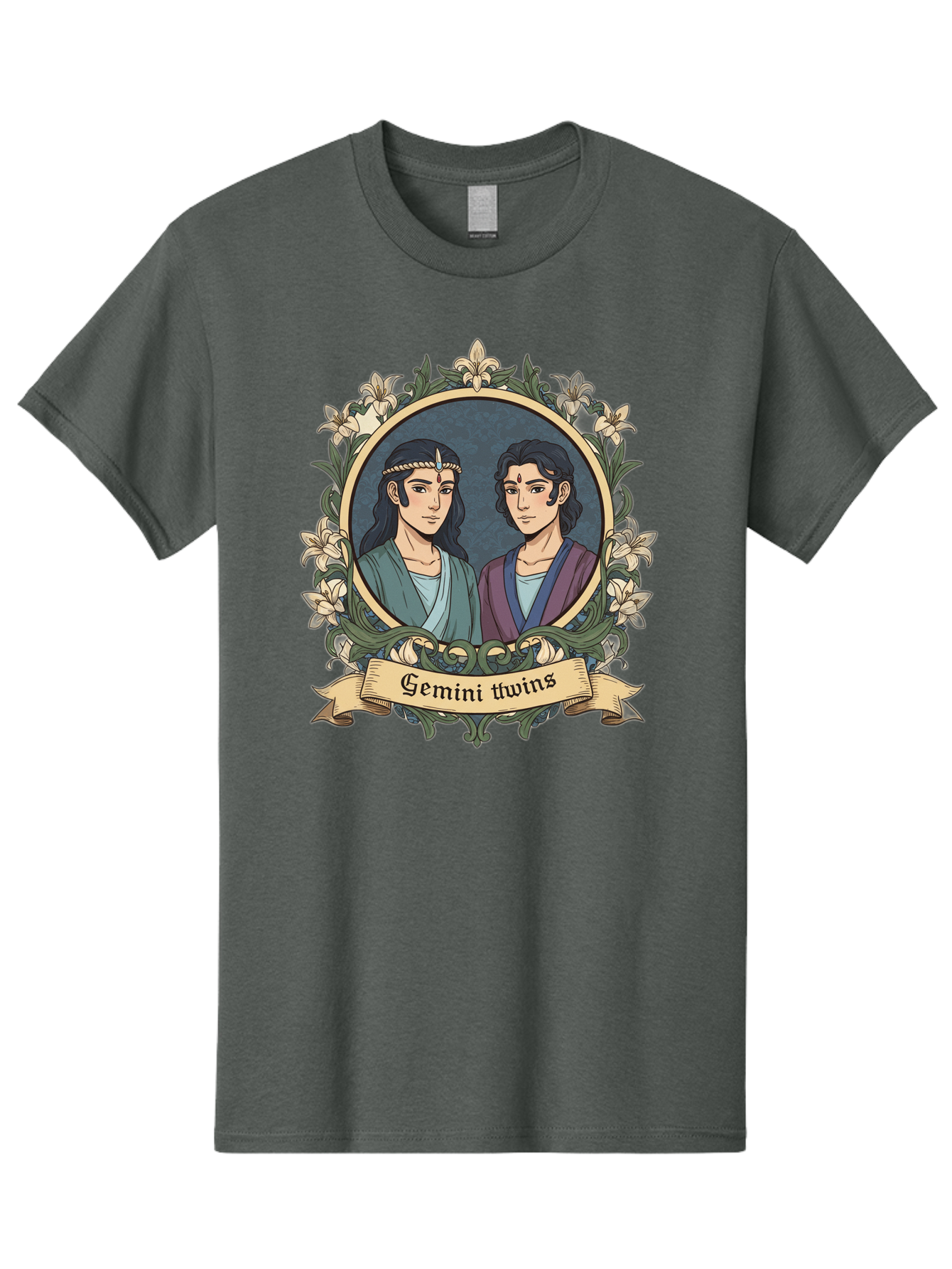Gemini-Twins Men'S Graphic Tee, 100% Cotton, Comfortable Casual Summer Wear, Machine Washable, Gemini Twins, Astrological Sign, Zodiac Illustration, Twin Representation, Floral Wreath, Elegant Design, Symbolic Artwork, Mystical Symbols, Bae183