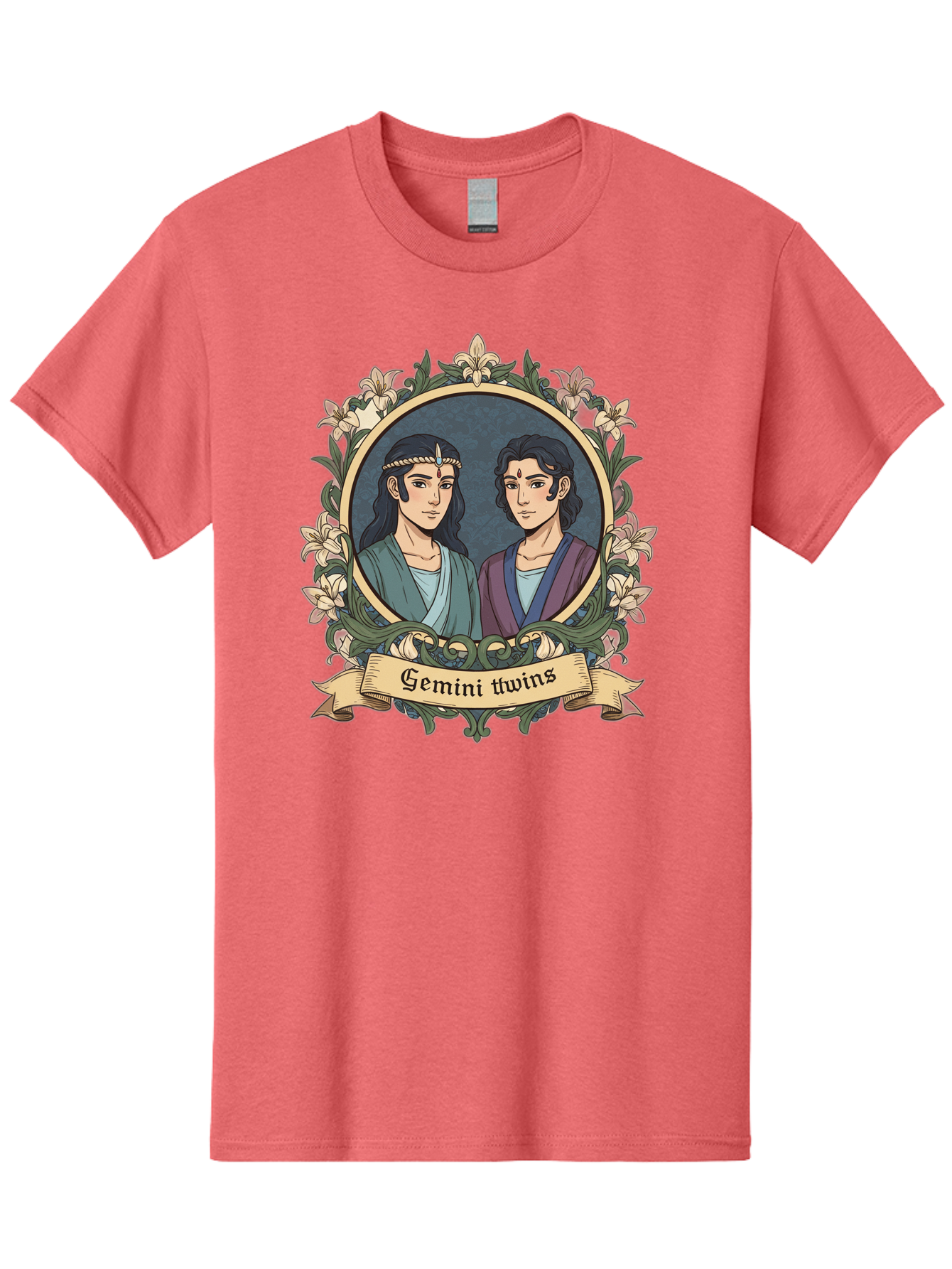 Gemini-Twins Men'S Graphic Tee, 100% Cotton, Comfortable Casual Summer Wear, Machine Washable, Gemini Twins, Astrological Sign, Zodiac Illustration, Twin Representation, Floral Wreath, Elegant Design, Symbolic Artwork, Mystical Symbols, Bae183