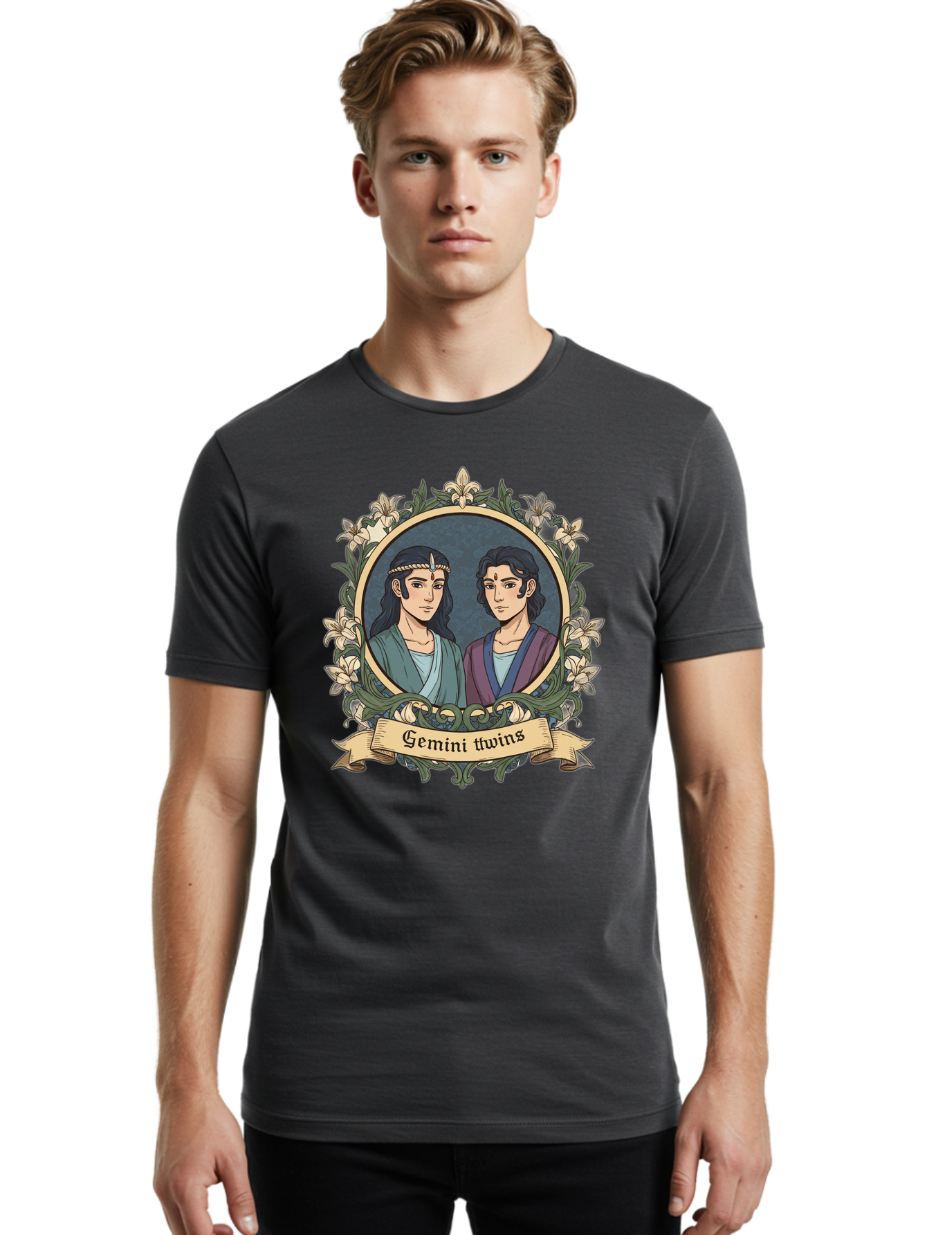 Gemini-Twins Men'S Graphic Tee, 100% Cotton, Comfortable Casual Summer Wear, Machine Washable, Gemini Twins, Astrological Sign, Zodiac Illustration, Twin Representation, Floral Wreath, Elegant Design, Symbolic Artwork, Mystical Symbols, Bae183