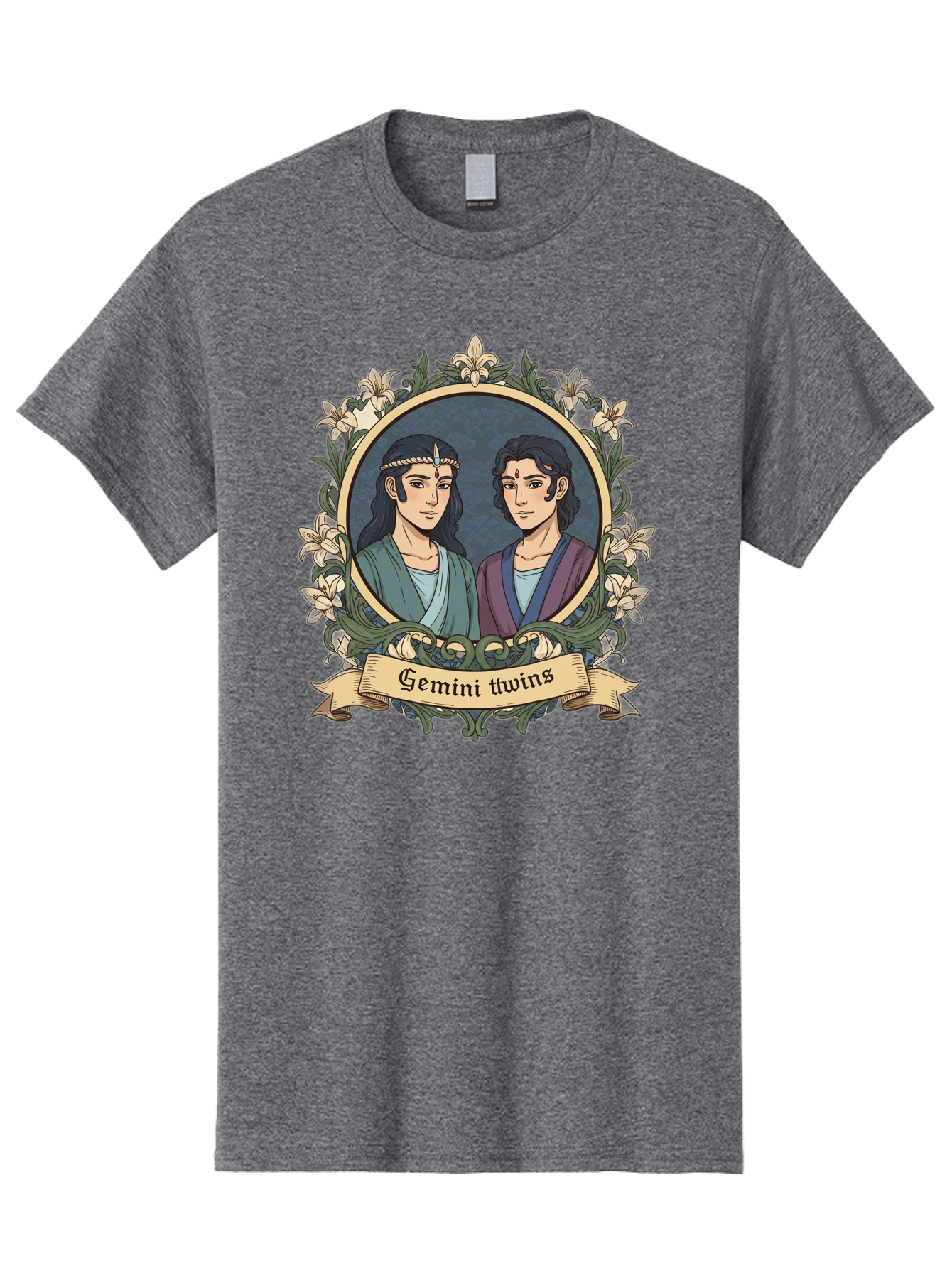 Gemini-Twins Men'S Graphic Tee, 100% Cotton, Comfortable Casual Summer Wear, Machine Washable, Gemini Twins, Astrological Sign, Zodiac Illustration, Twin Representation, Floral Wreath, Elegant Design, Symbolic Artwork, Mystical Symbols, Bae183