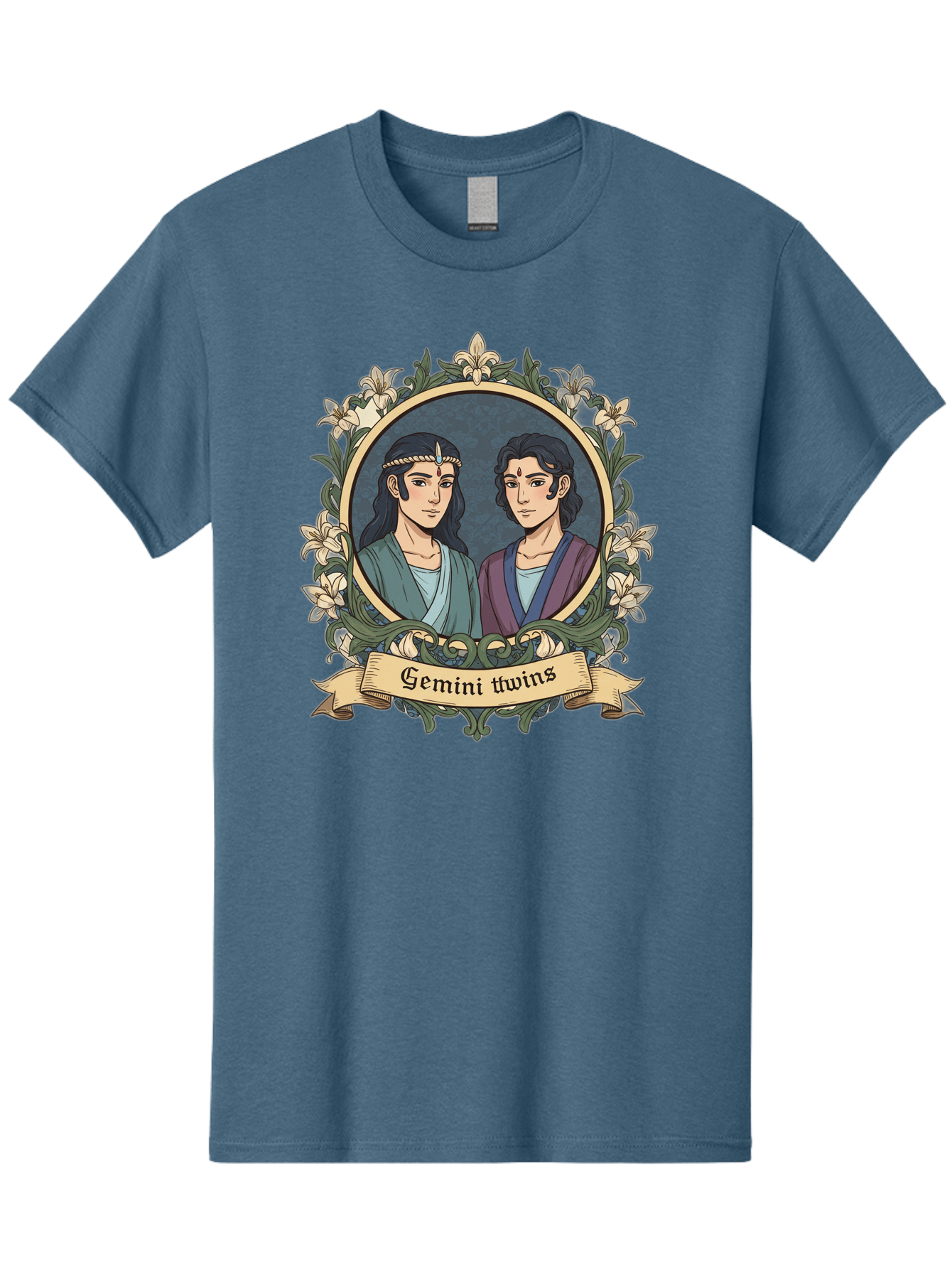 Gemini-Twins Men'S Graphic Tee, 100% Cotton, Comfortable Casual Summer Wear, Machine Washable, Gemini Twins, Astrological Sign, Zodiac Illustration, Twin Representation, Floral Wreath, Elegant Design, Symbolic Artwork, Mystical Symbols, Bae183