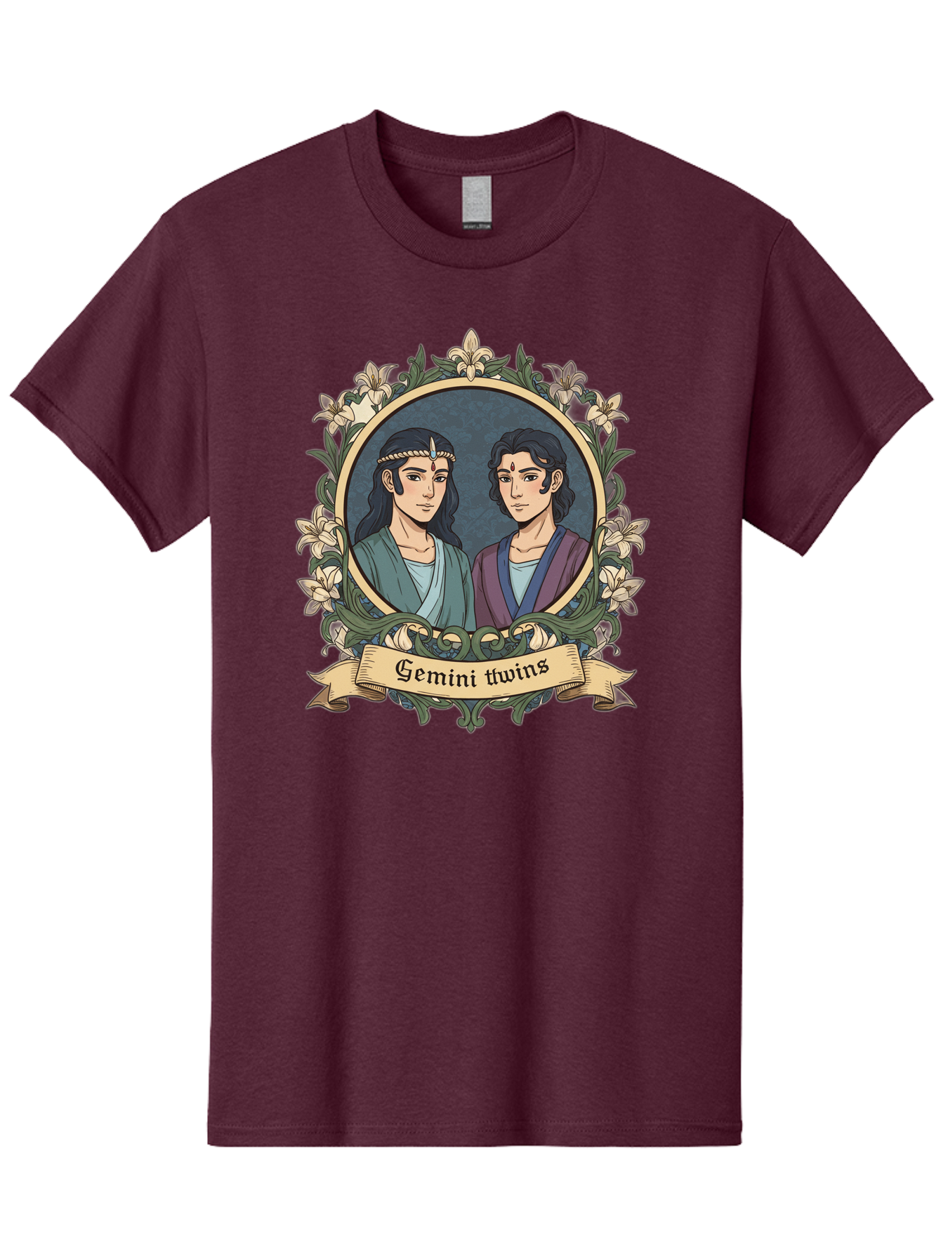 Gemini-Twins Men'S Graphic Tee, 100% Cotton, Comfortable Casual Summer Wear, Machine Washable, Gemini Twins, Astrological Sign, Zodiac Illustration, Twin Representation, Floral Wreath, Elegant Design, Symbolic Artwork, Mystical Symbols, Bae183