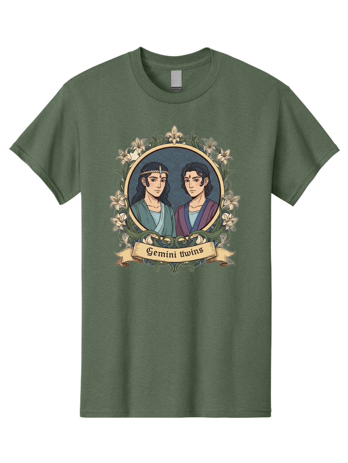 Gemini-Twins Men'S Graphic Tee, 100% Cotton, Comfortable Casual Summer Wear, Machine Washable, Gemini Twins, Astrological Sign, Zodiac Illustration, Twin Representation, Floral Wreath, Elegant Design, Symbolic Artwork, Mystical Symbols, Bae183