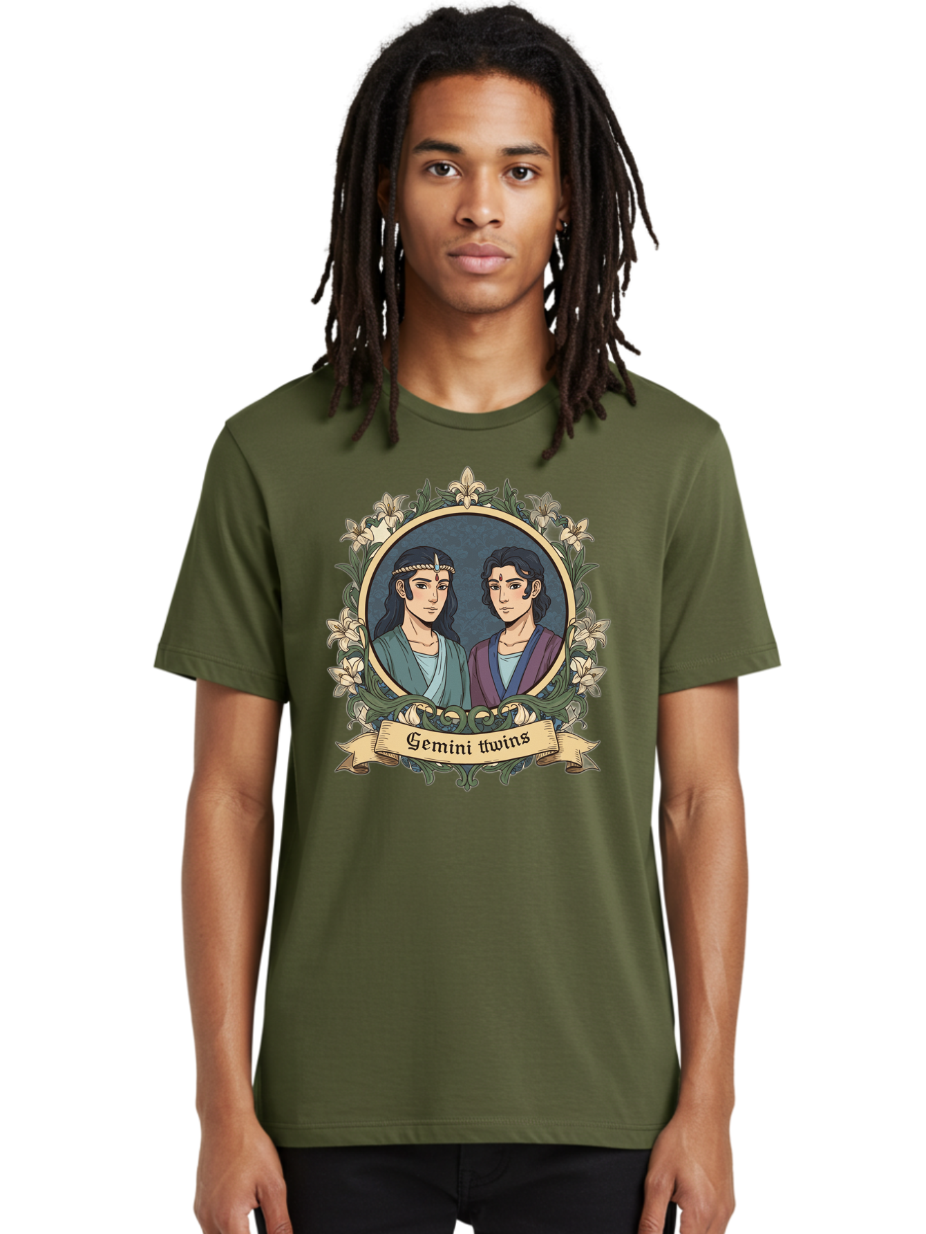 Gemini-Twins Men'S Graphic Tee, 100% Cotton, Comfortable Casual Summer Wear, Machine Washable, Gemini Twins, Astrological Sign, Zodiac Illustration, Twin Representation, Floral Wreath, Elegant Design, Symbolic Artwork, Mystical Symbols, Bae183