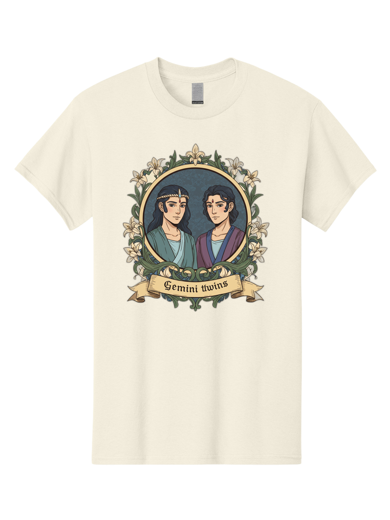 Gemini-Twins Men'S Graphic Tee, 100% Cotton, Comfortable Casual Summer Wear, Machine Washable, Gemini Twins, Astrological Sign, Zodiac Illustration, Twin Representation, Floral Wreath, Elegant Design, Symbolic Artwork, Mystical Symbols, Bae183