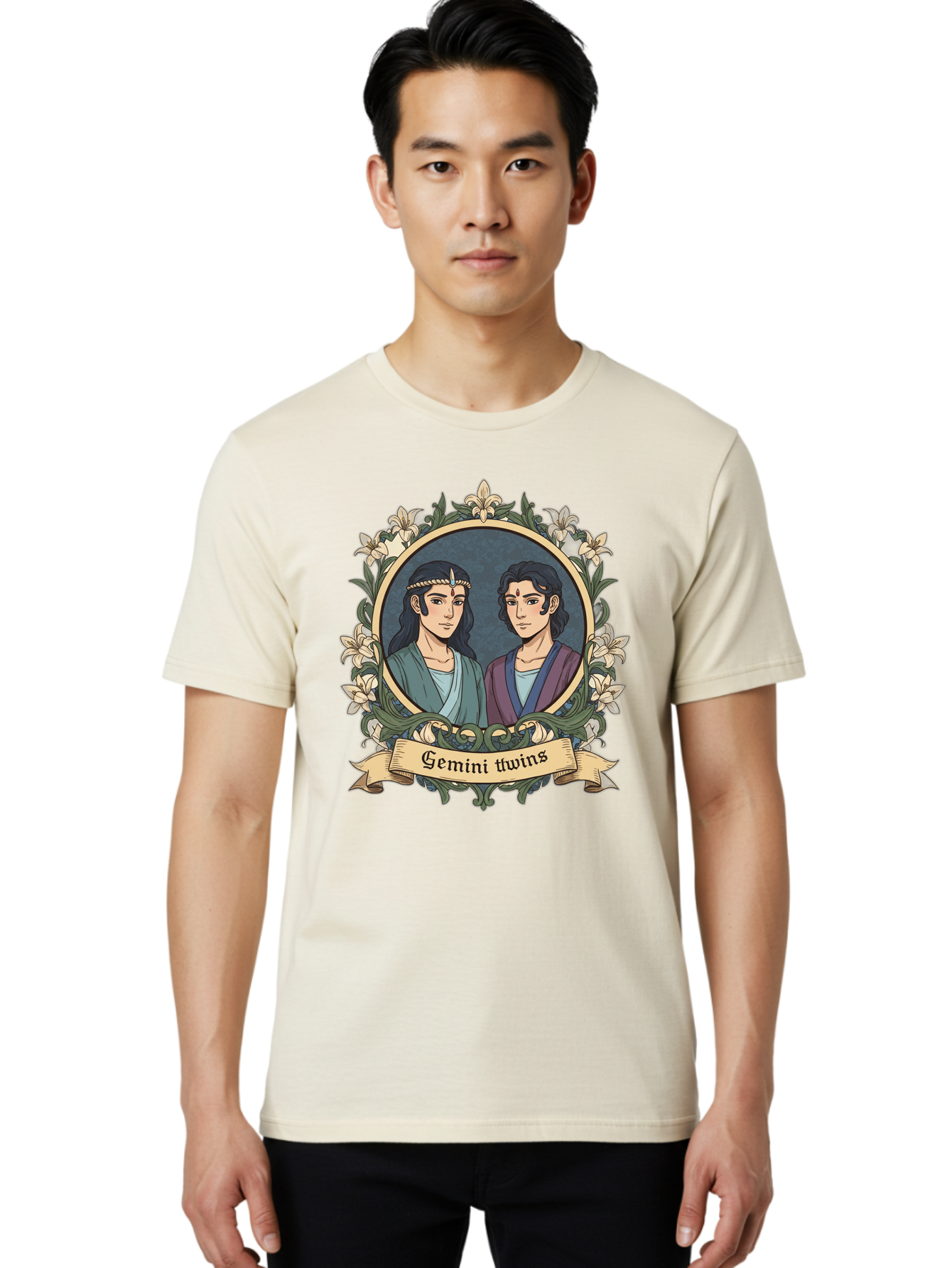 Gemini-Twins Men'S Graphic Tee, 100% Cotton, Comfortable Casual Summer Wear, Machine Washable, Gemini Twins, Astrological Sign, Zodiac Illustration, Twin Representation, Floral Wreath, Elegant Design, Symbolic Artwork, Mystical Symbols, Bae183