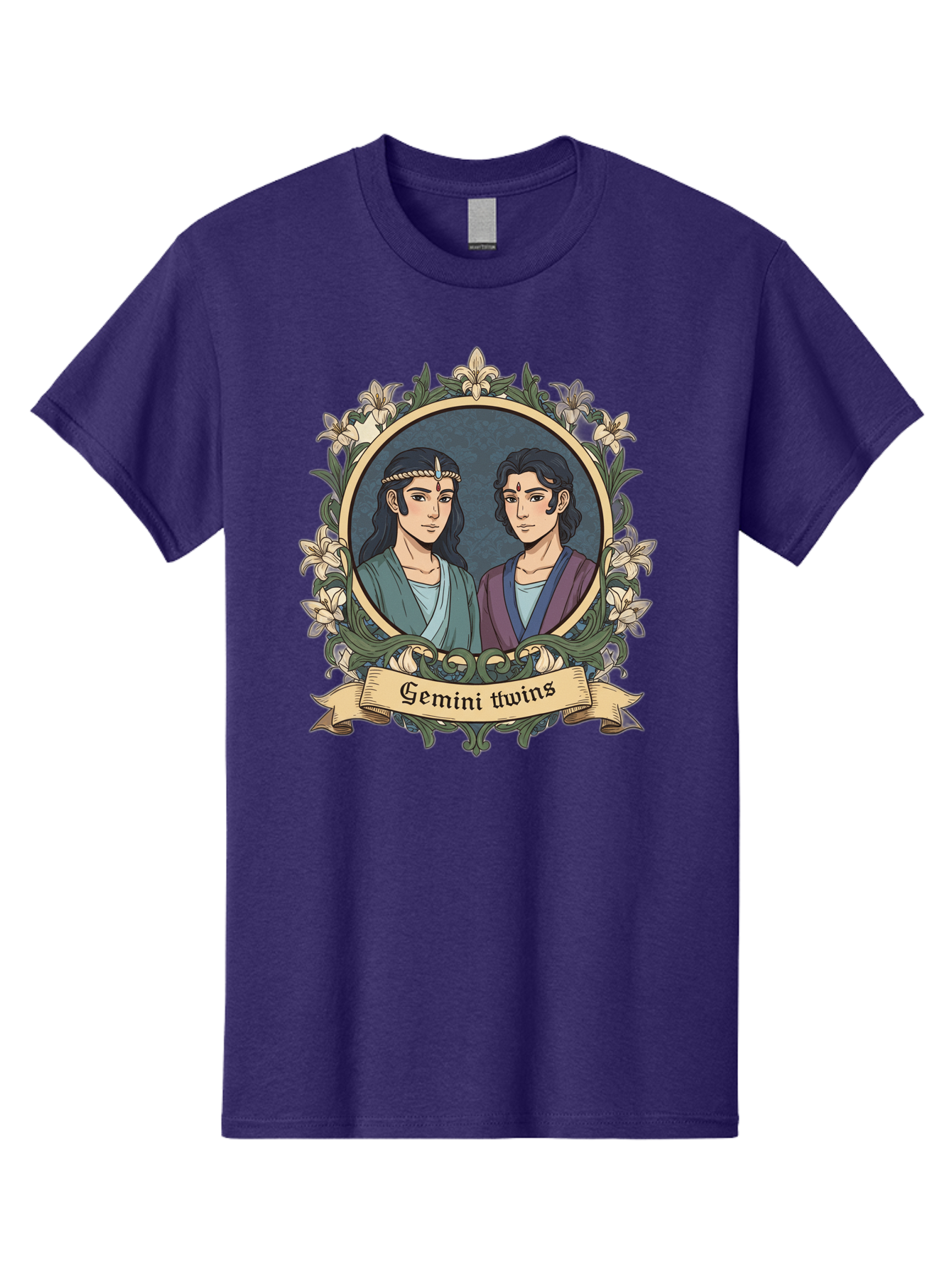 Gemini-Twins Men'S Graphic Tee, 100% Cotton, Comfortable Casual Summer Wear, Machine Washable, Gemini Twins, Astrological Sign, Zodiac Illustration, Twin Representation, Floral Wreath, Elegant Design, Symbolic Artwork, Mystical Symbols, Bae183