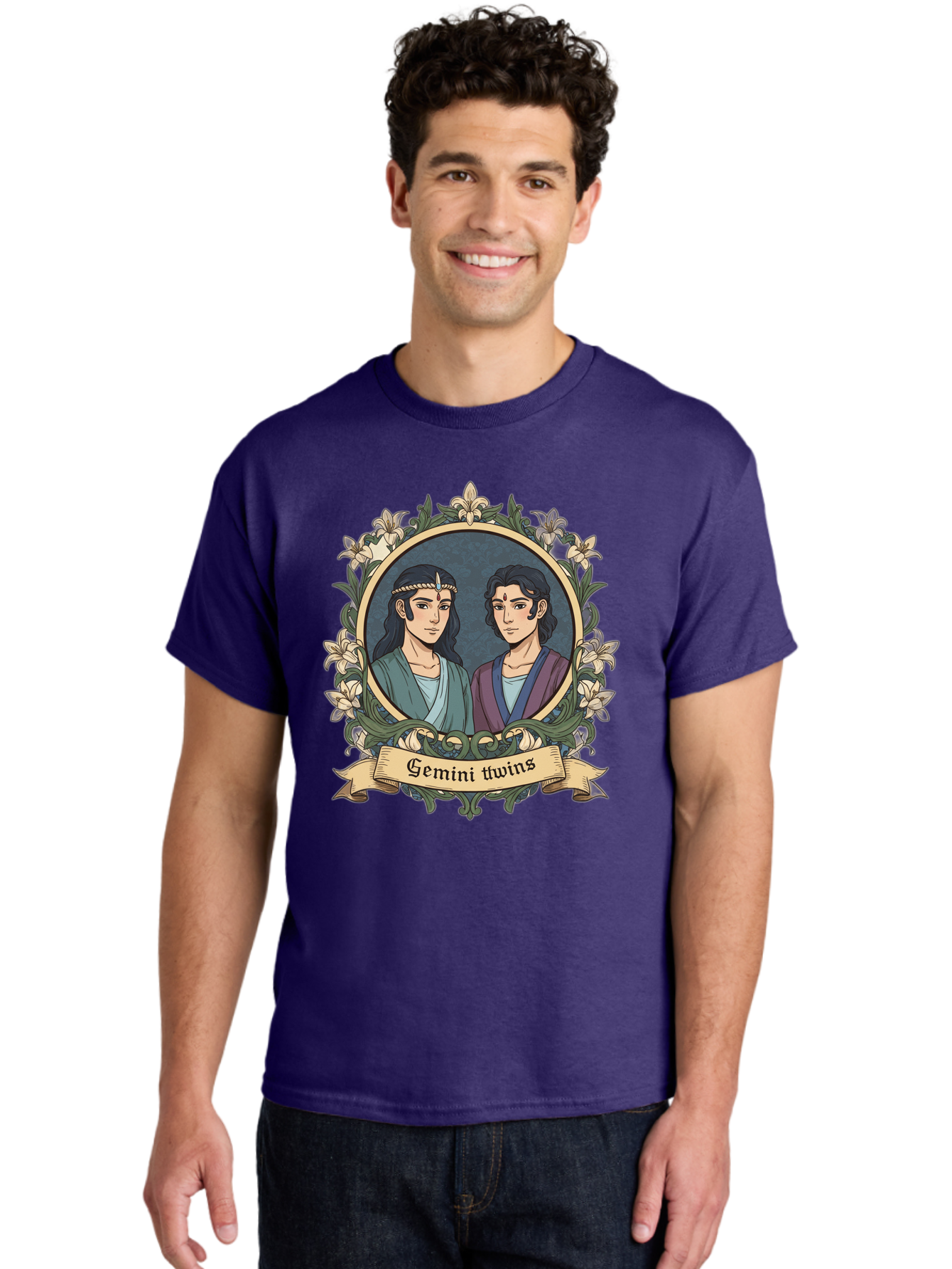 Gemini-Twins Men'S Graphic Tee, 100% Cotton, Comfortable Casual Summer Wear, Machine Washable, Gemini Twins, Astrological Sign, Zodiac Illustration, Twin Representation, Floral Wreath, Elegant Design, Symbolic Artwork, Mystical Symbols, Bae183